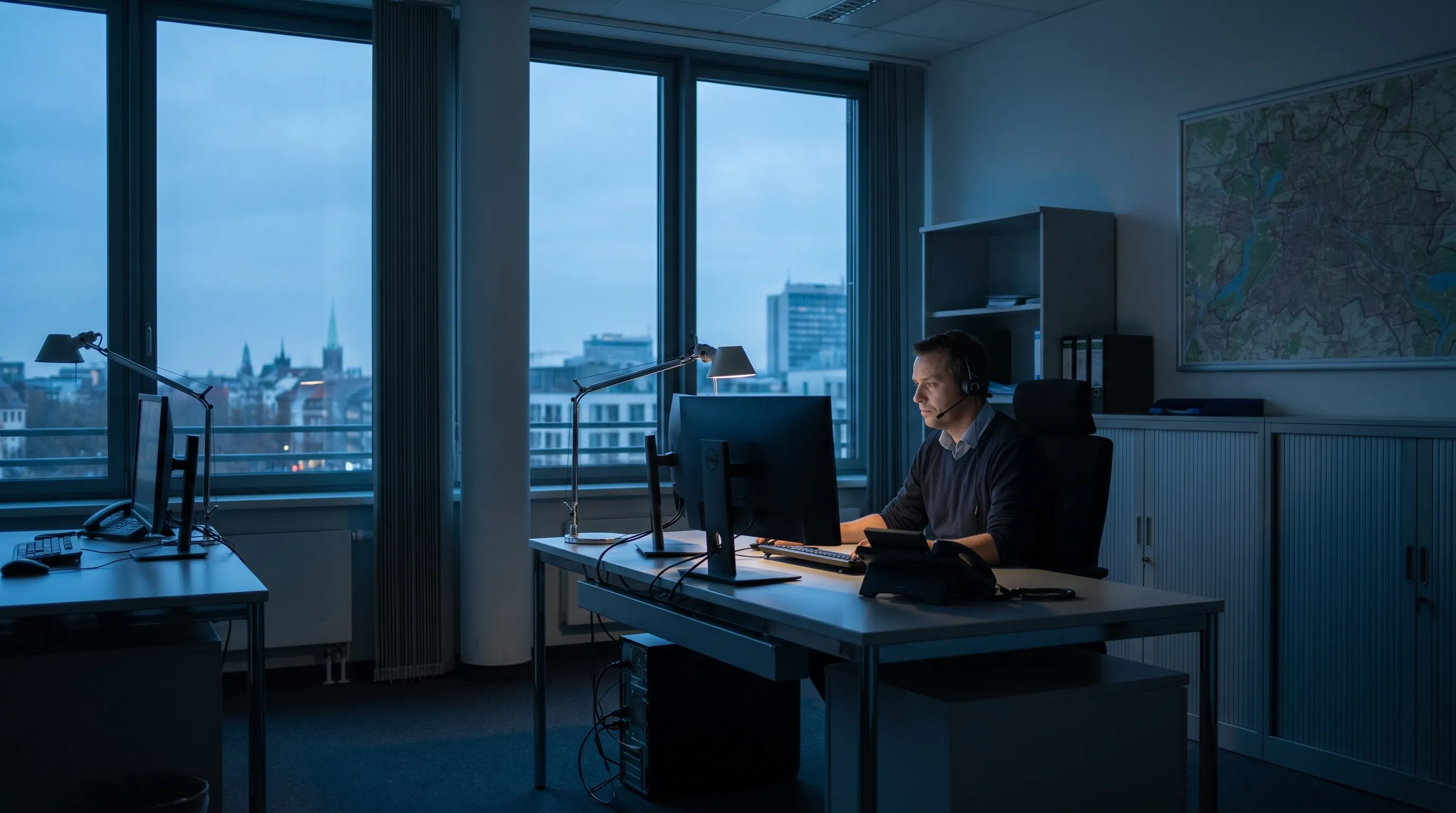 Disponentin in einem deutschen Logistikzentrum, Blick auf Bildschirm mit Fuhrpark-Übersicht, Hintergrund: Verladerampe mit Sattelzügen, kühles Tageslicht