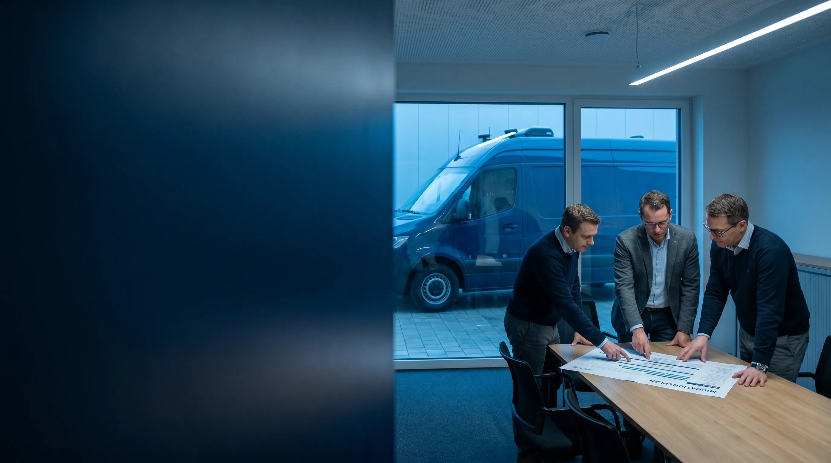 Lkw-Konvoi auf einer deutschen Autobahn zur blauen Stunde, Container-Auflieger im Vordergrund