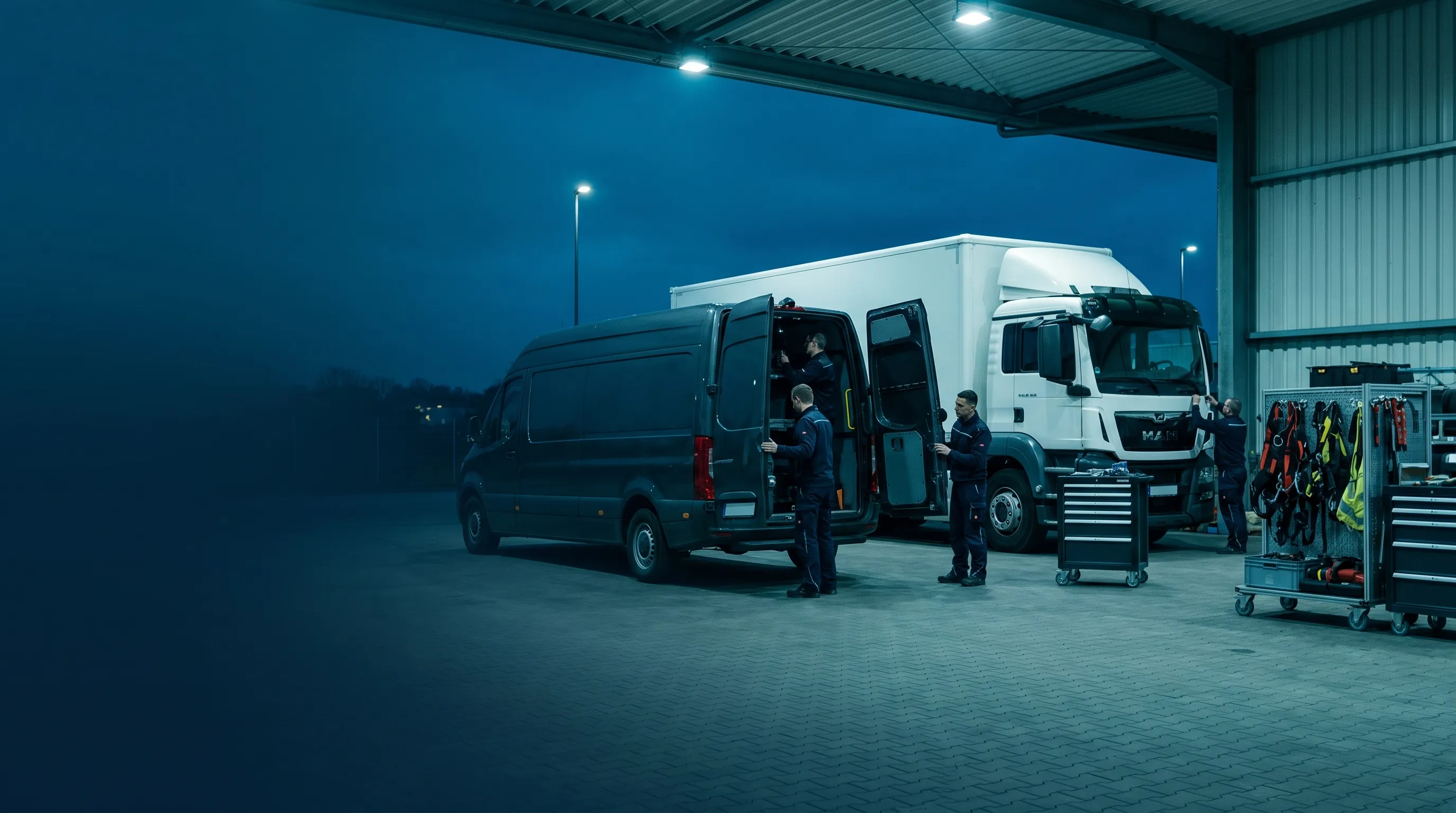 Techniker beim Festeinbau eines GPS-Trackers in einem Sprinter-Transporter in einer deutschen Werkstatt in der blauen Stunde