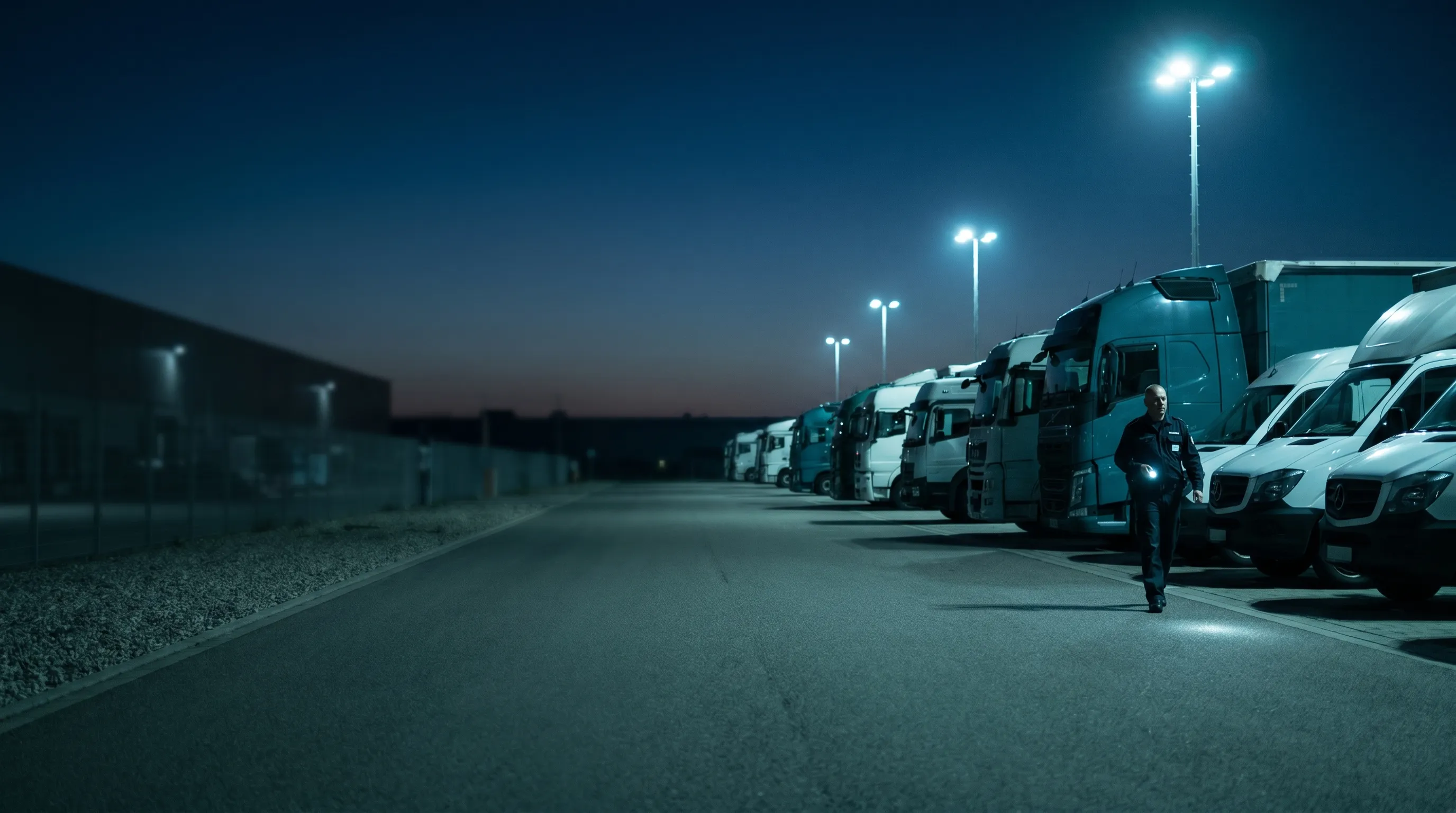 Lkw-Flotte in der Abenddämmerung an einem deutschen Depot