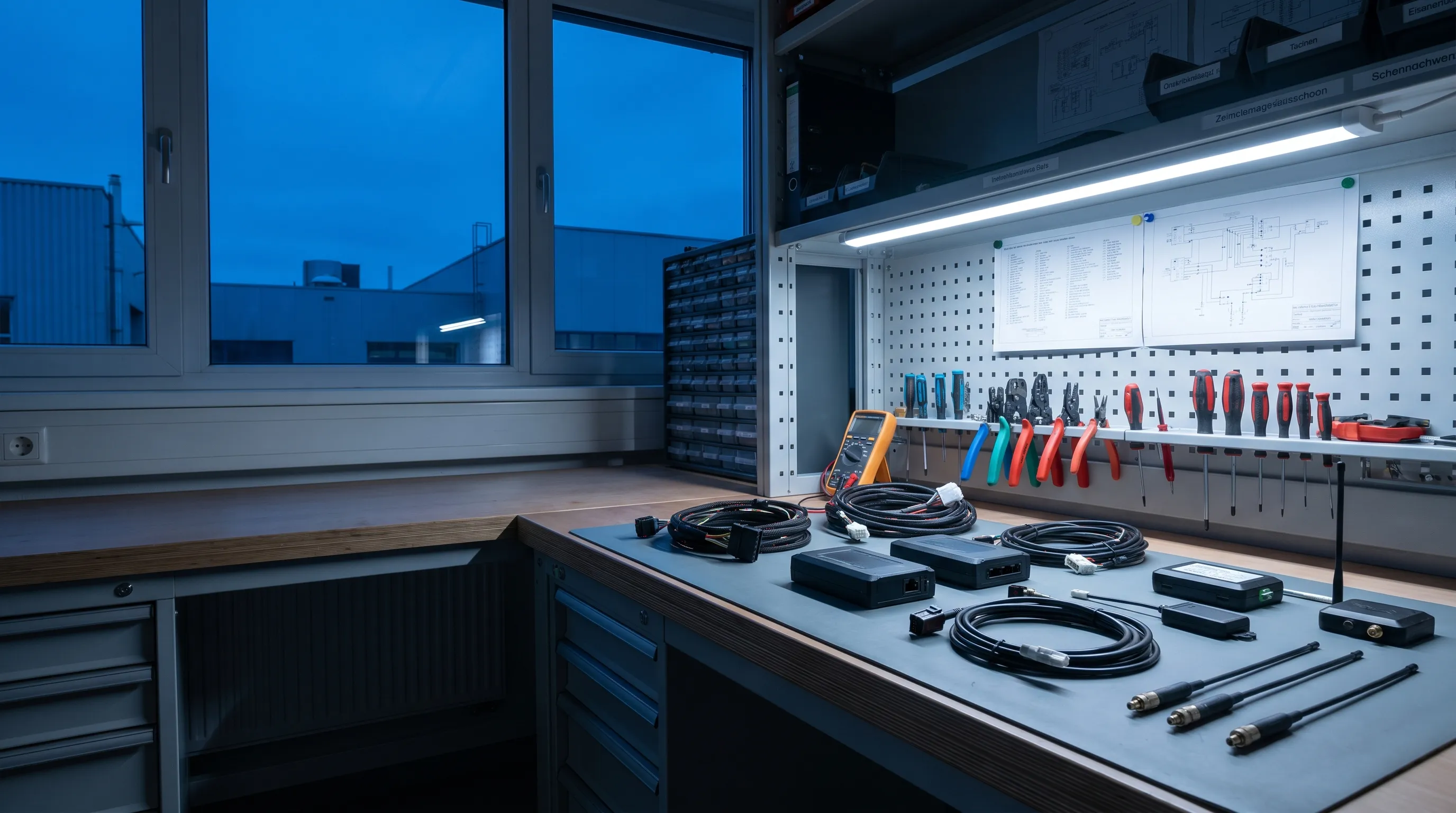 Telematik-Hardware und Anschlusszubehör auf einer Werkstattbank
