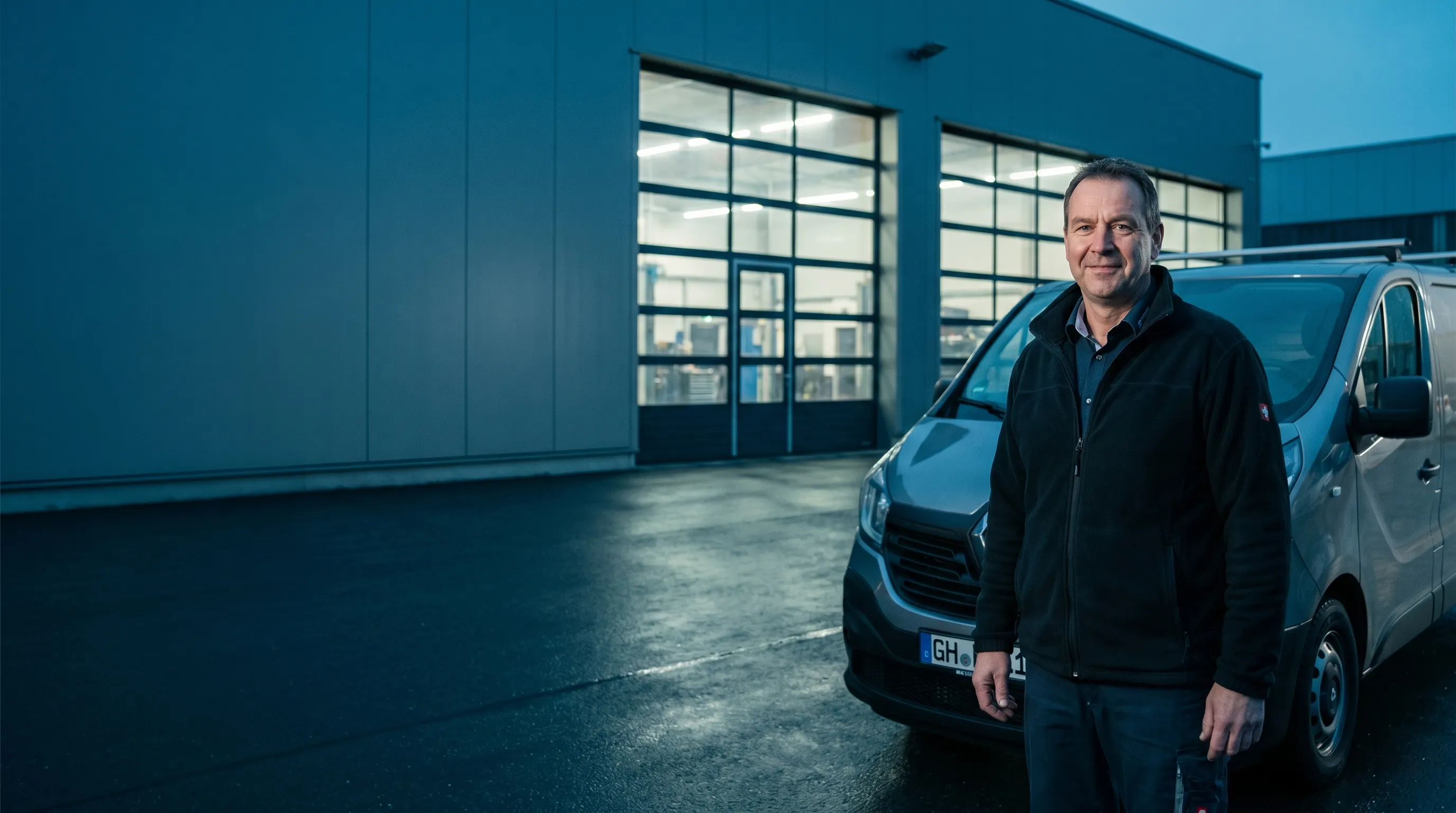 Service-Technikerin und Fuhrparkleiter im Gespräch vor einem Lkw auf einem deutschen Speditionshof während der blauen Stunde, Subjekt rechts, freie Fläche links