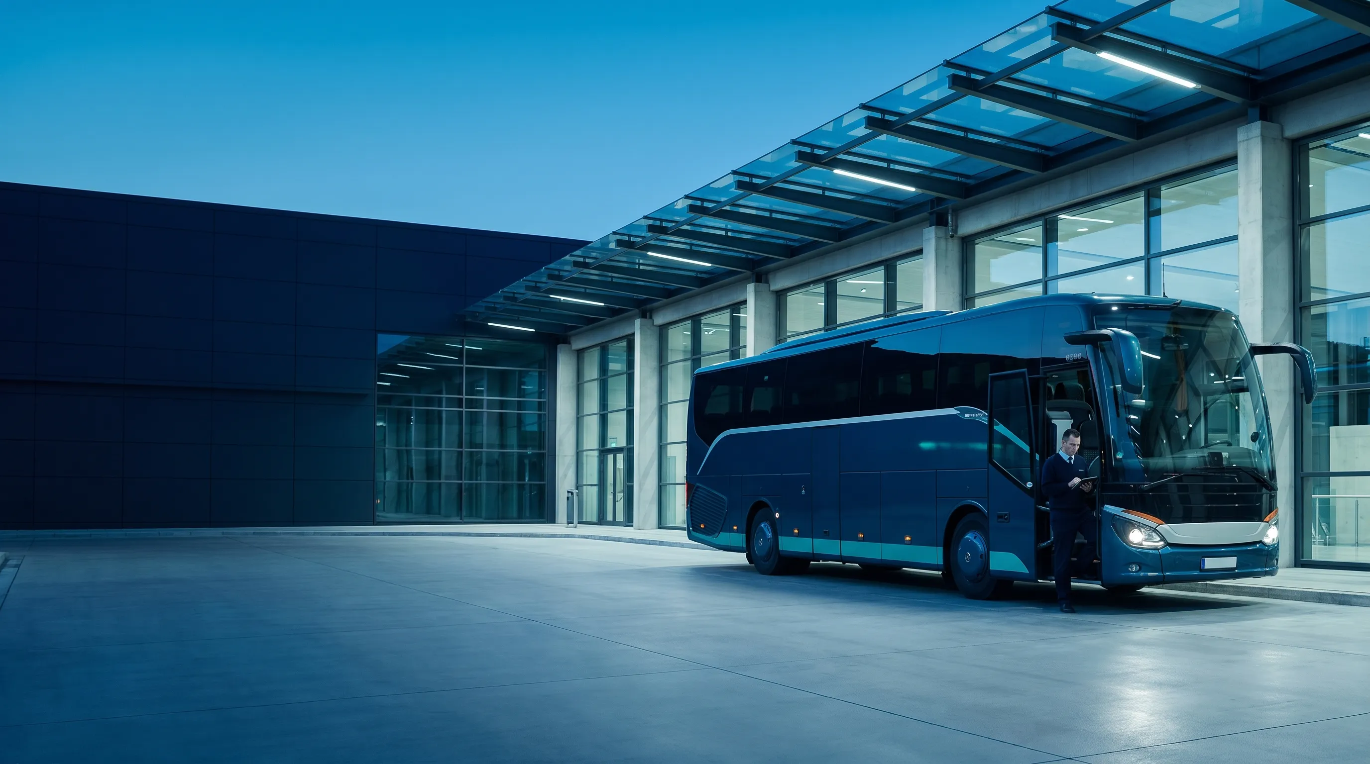 Reisebus auf einer deutschen Bundesautobahn in der blauen Stunde, Personentransport im Linieneinsatz