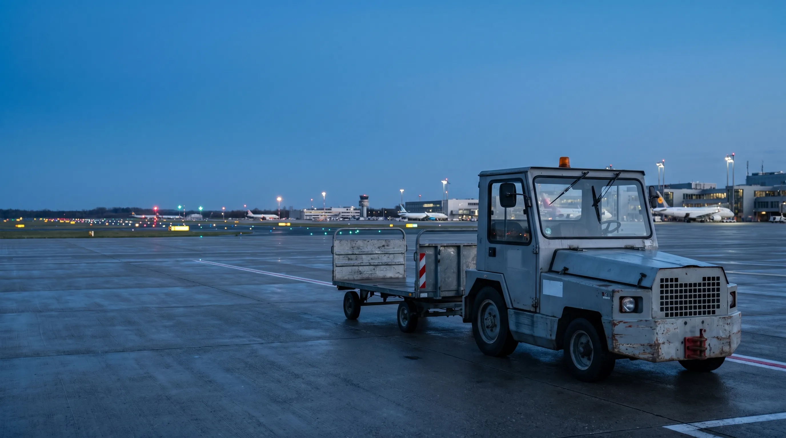 Vorfeld-Service-Fahrzeug einer deutschen Flughafen-Bodenflotte in der frühen Morgenstunde an einer Standfläche, klarer Himmel