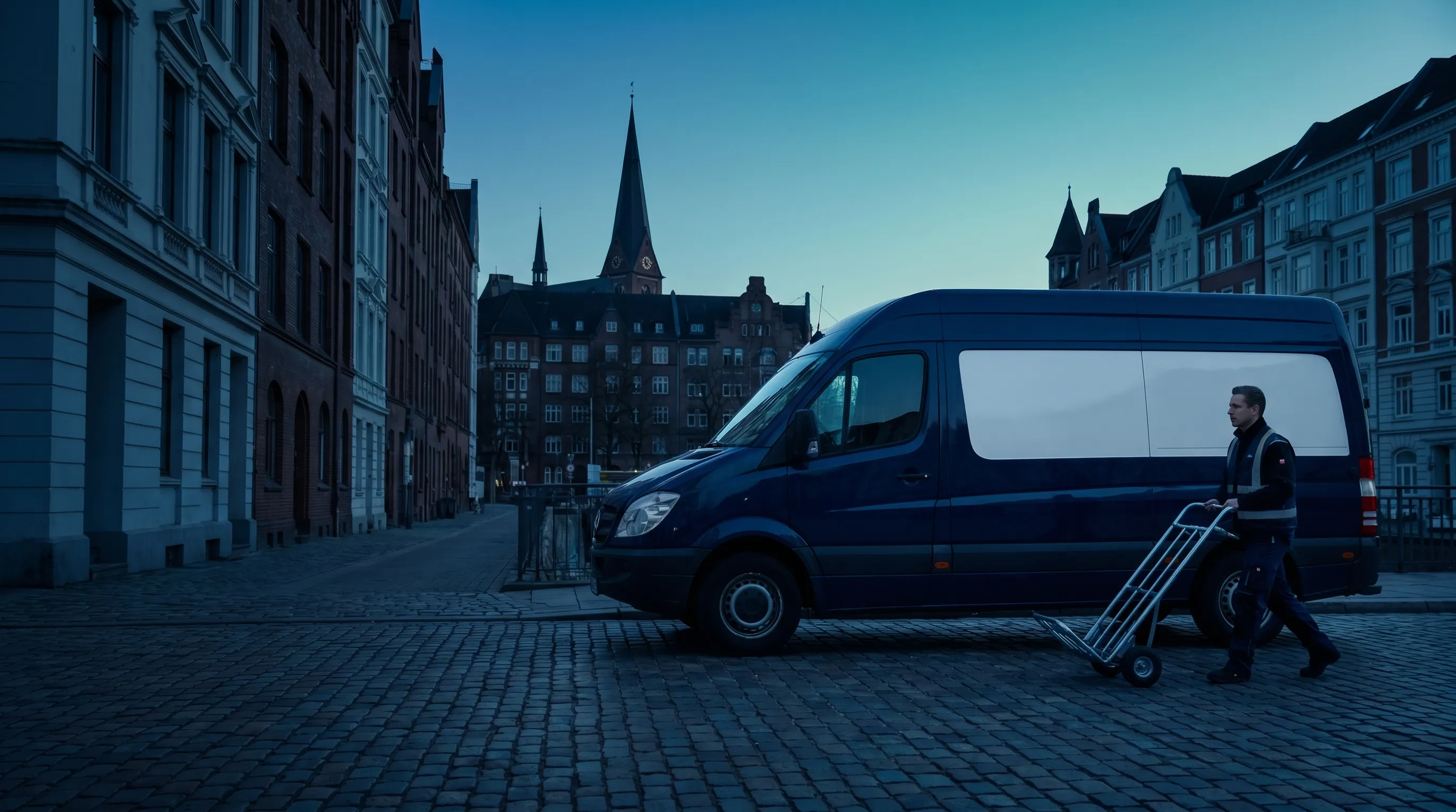 Sprinter-Transporter im Verteilzentrum bei Morgendämmerung, beladen mit Paketen, kühles Licht der blauen Stunde über deutscher Industriestraße