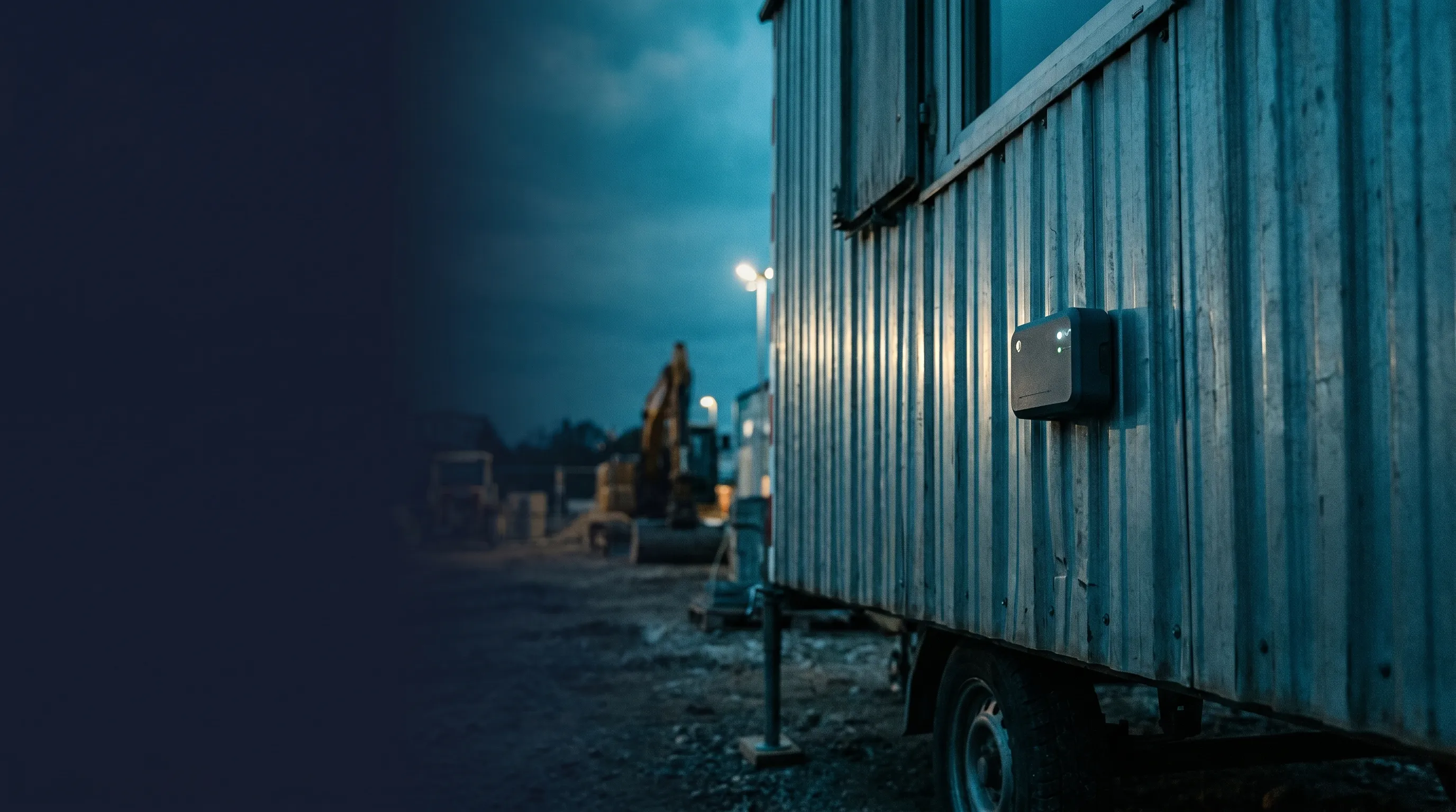 Bauhof bei Sonnenaufgang mit Anhängern, Containern und Baumaschinen, im Hintergrund ein deutscher Lkw-Konvoi