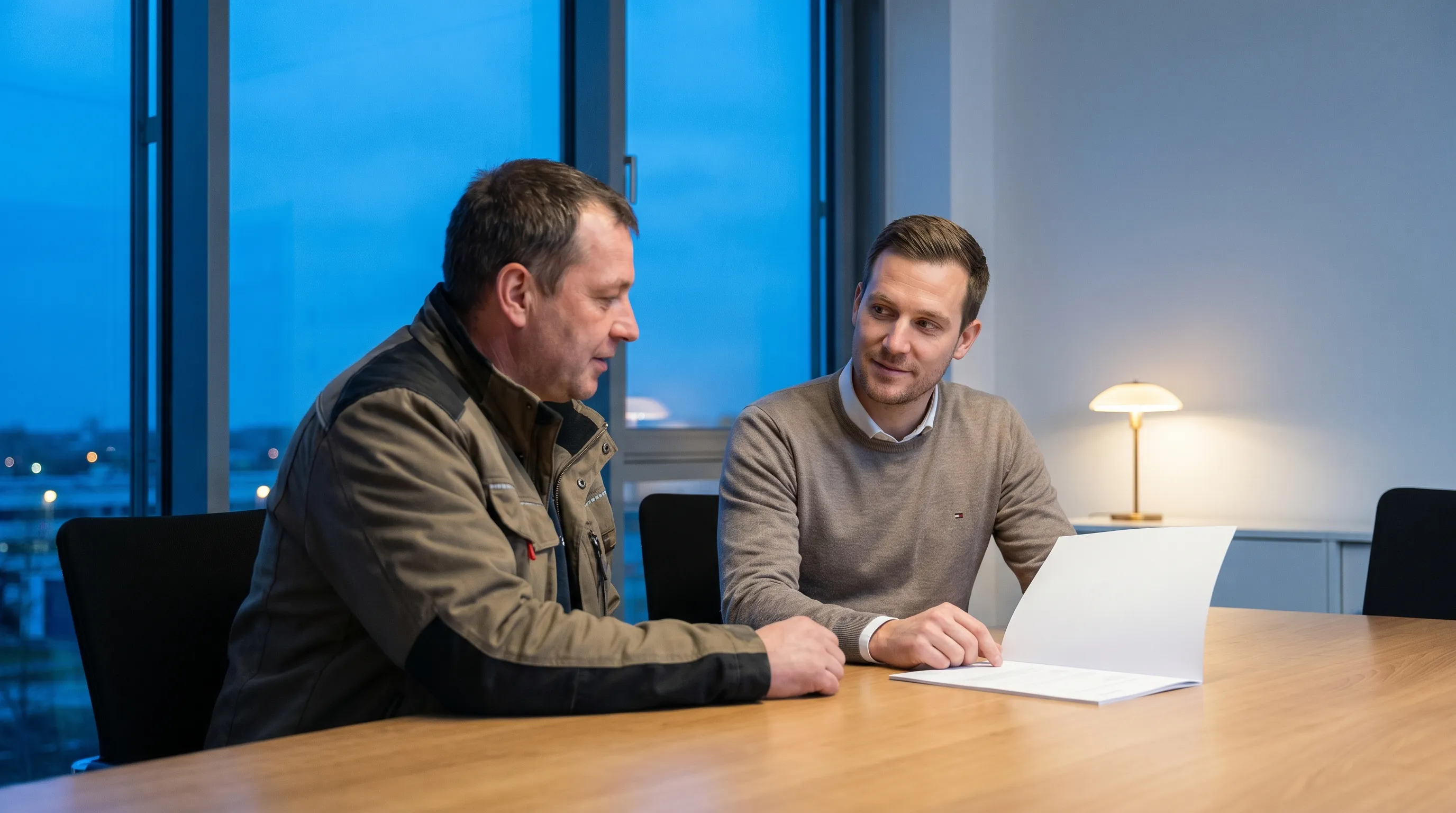 Personalverantwortlicher und Berufskraftfahrer im Coaching-Gespräch in einem deutschen Speditionsbüro; Tablet mit Fahrer-Analyse zwischen beiden