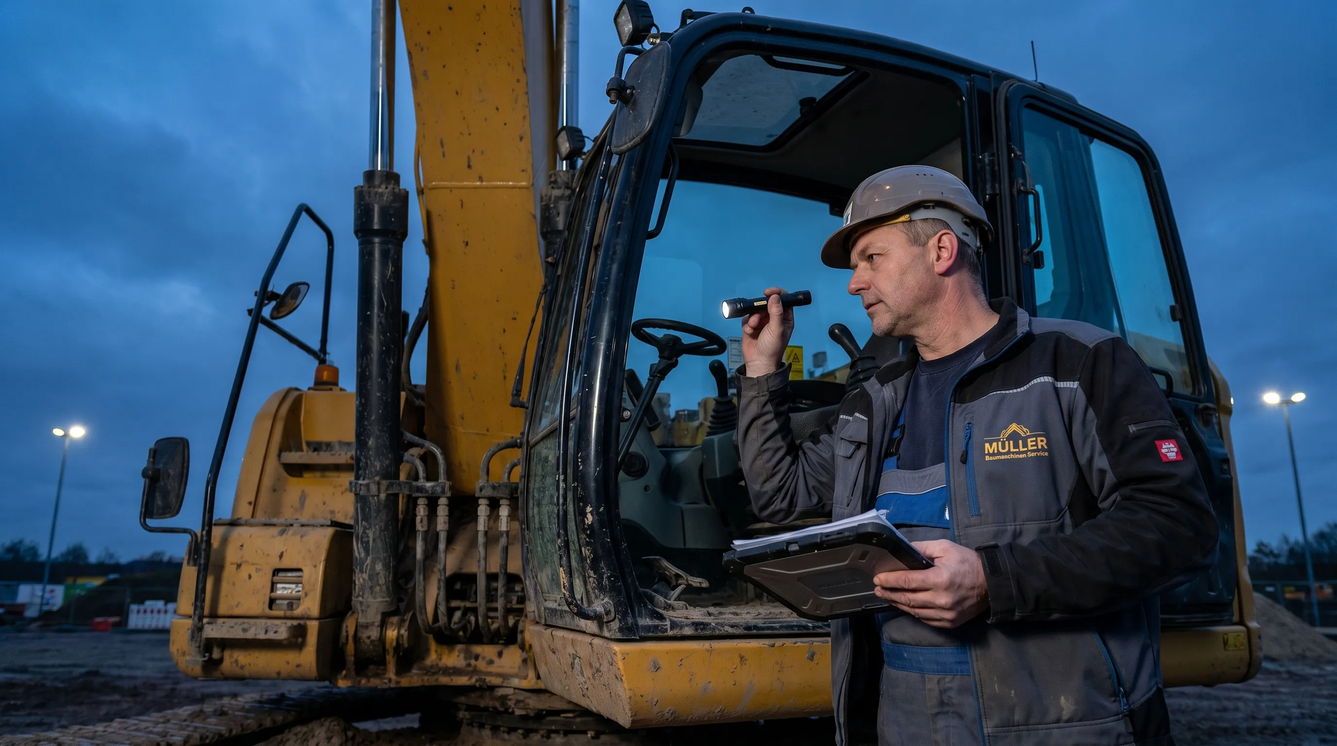 Hydraulikkran auf einem Lkw an einer deutschen Baustelle in der blauen Stunde, Bauleiter mit Tablet im Vordergrund, Subjekt rechts mit freier Fläche links
