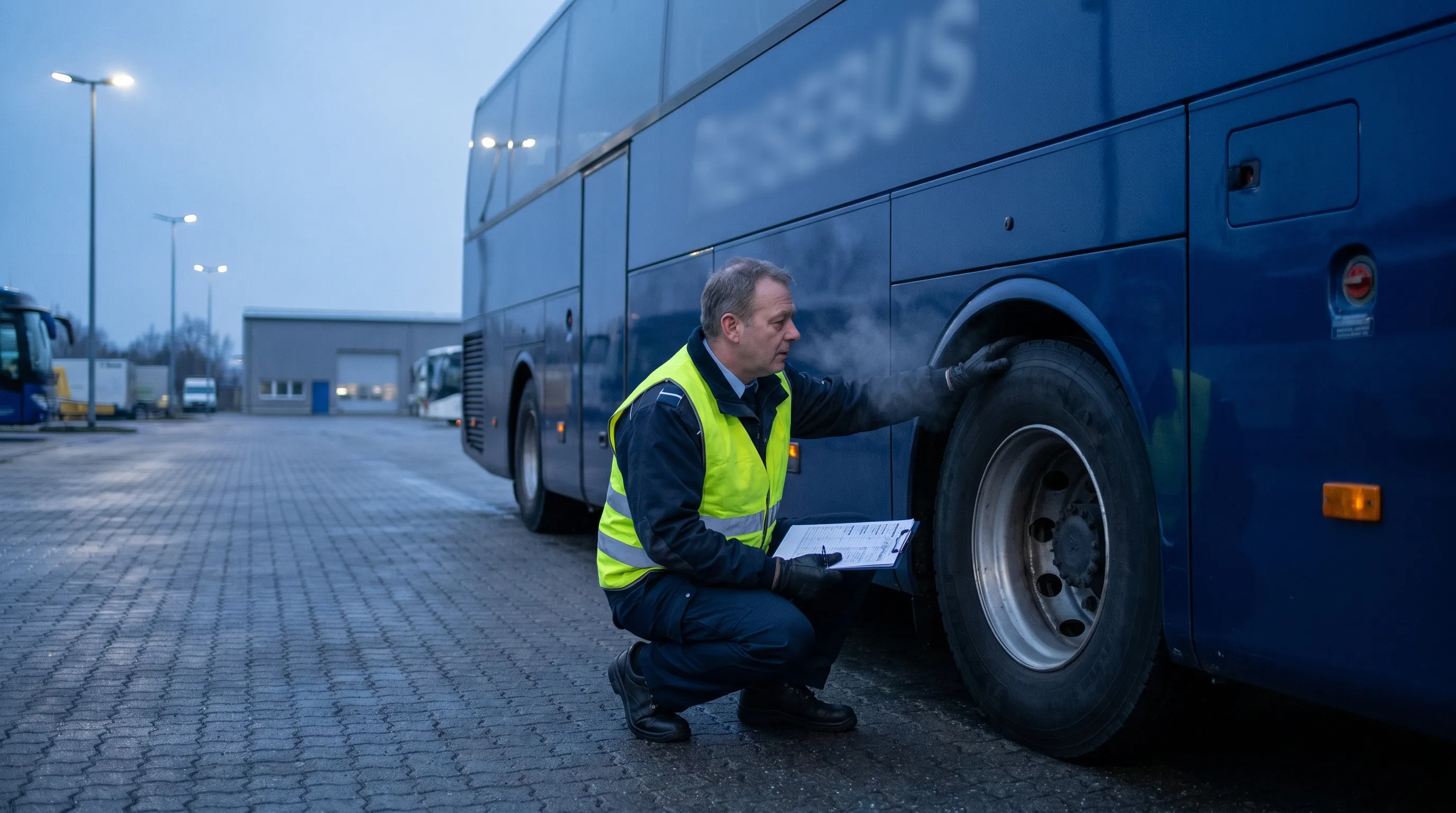 Reisebus an einem deutschen Busbahnhof, Fahrgäste steigen ein, Disposition prüft die Tour am Tablet