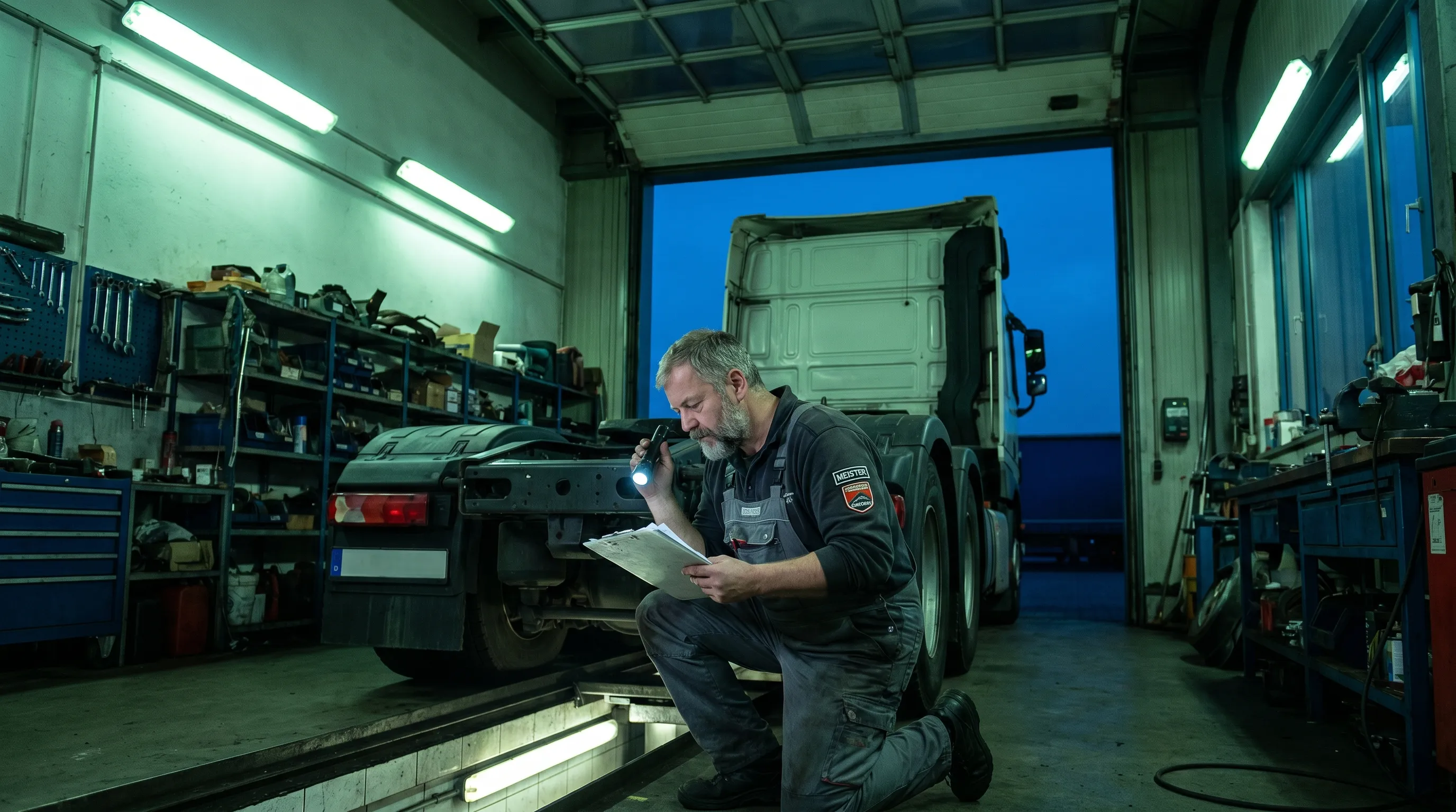 Werkstattmeister an einem deutschen Lkw mit Auflieger, Tablet in der Hand, Werkhof im Hintergrund in der blauen Stunde