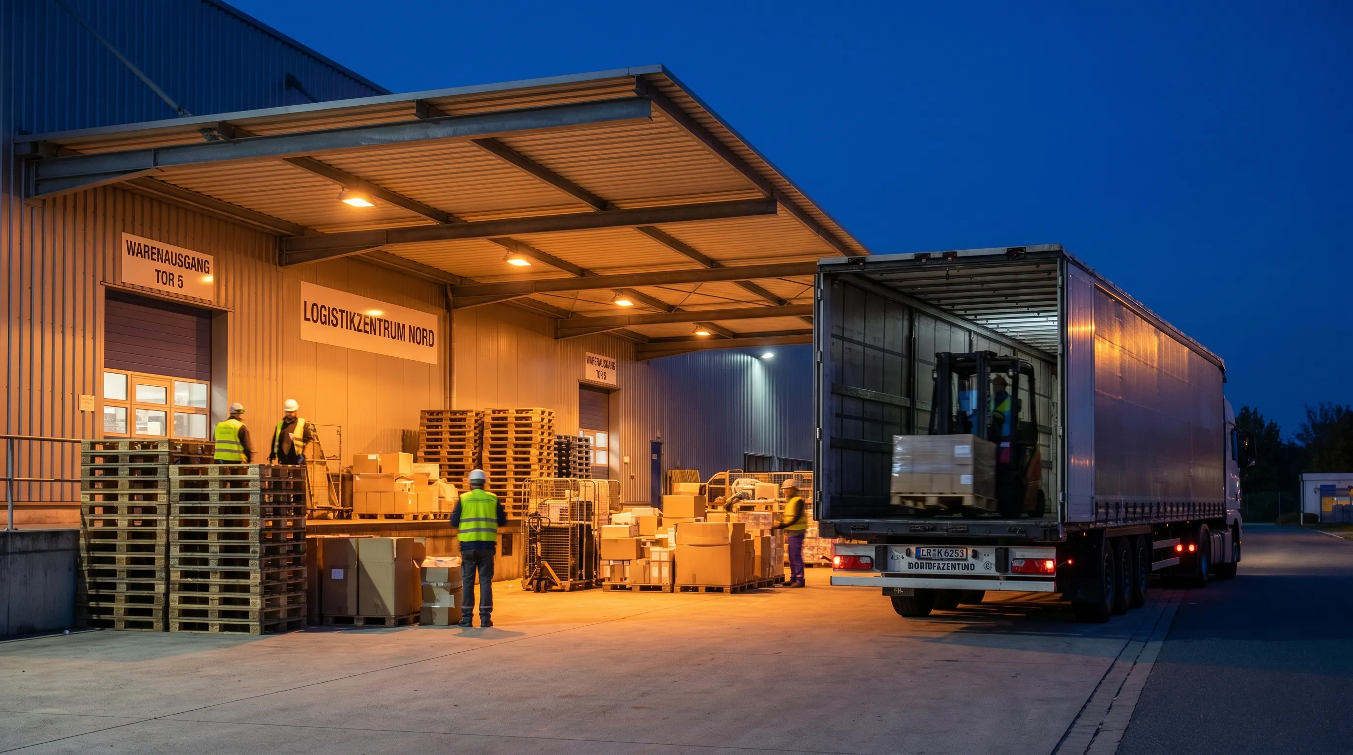 Deutscher Umschlaghof bei Nacht mit beladenem Lkw