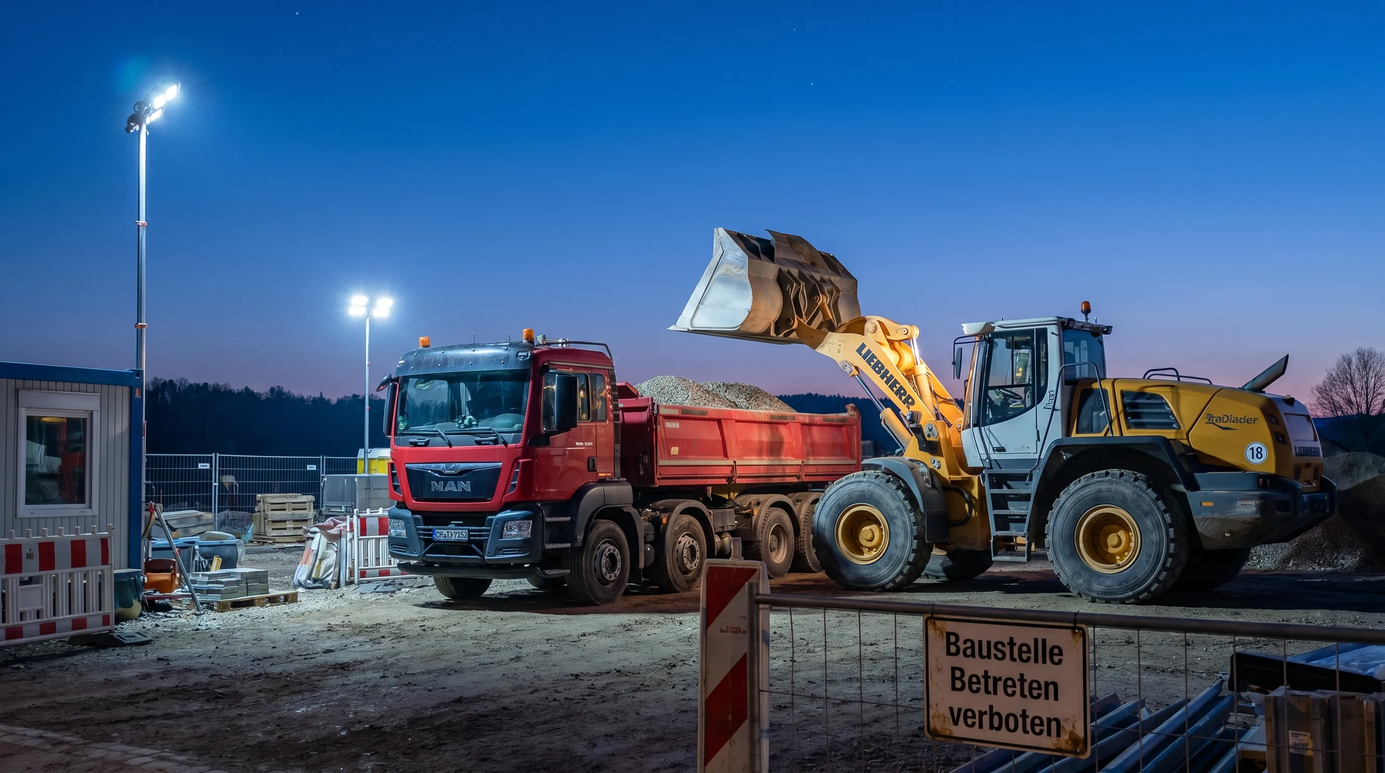 Deutsche Baustelle bei Tagesanbruch mit Kipper, Bagger und Polier in Warnschutzkleidung am Plan