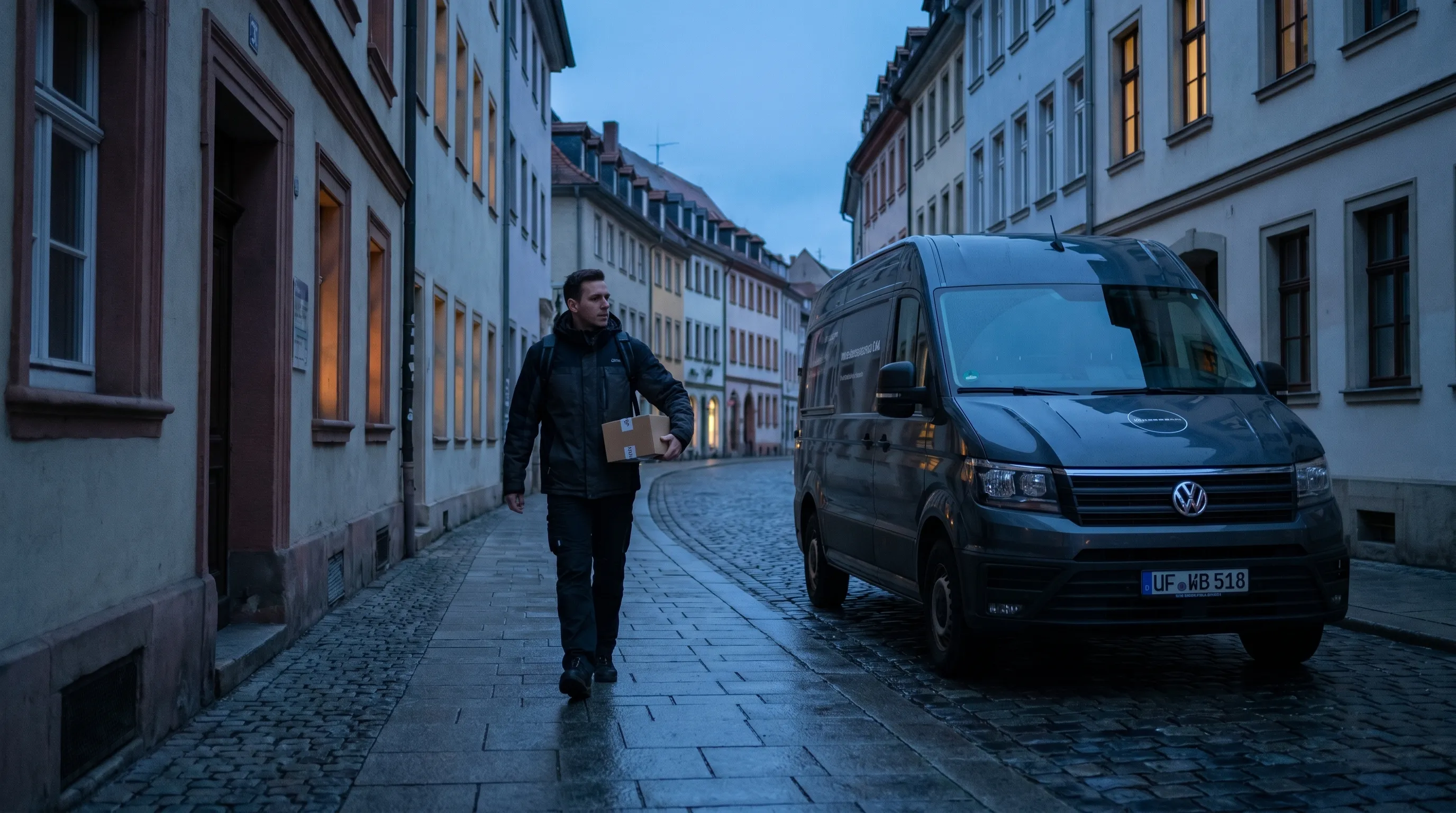 Fahrer übergibt Paket an Endkundin vor Wohnhaus in deutscher Innenstadt, Sprinter-Transporter im Hintergrund, kühles Tageslicht, Schiebetür offen mit gestapelten Paketen