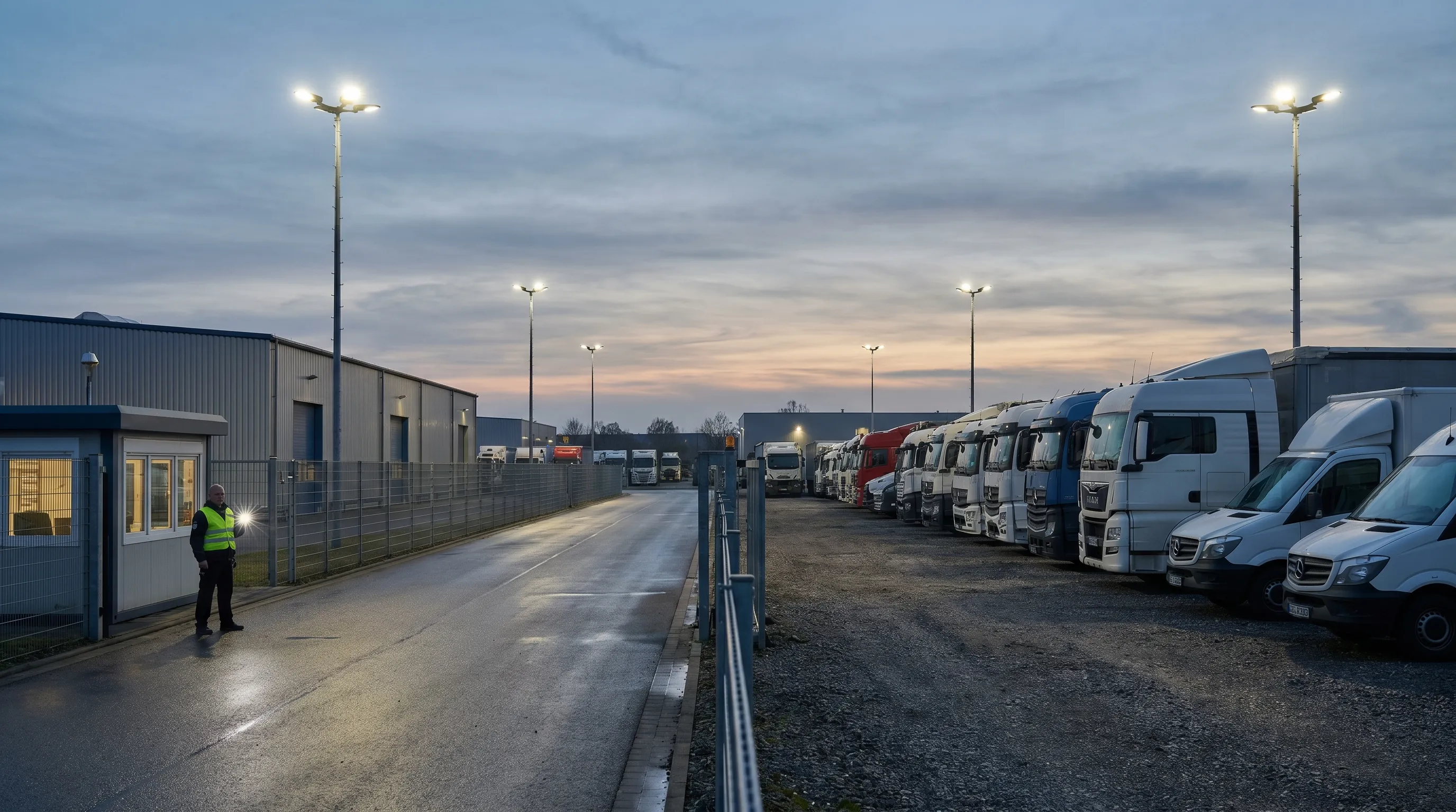 Lkw verlässt nachts ein deutsches Depot, Scheinwerfer in der blauen Stunde