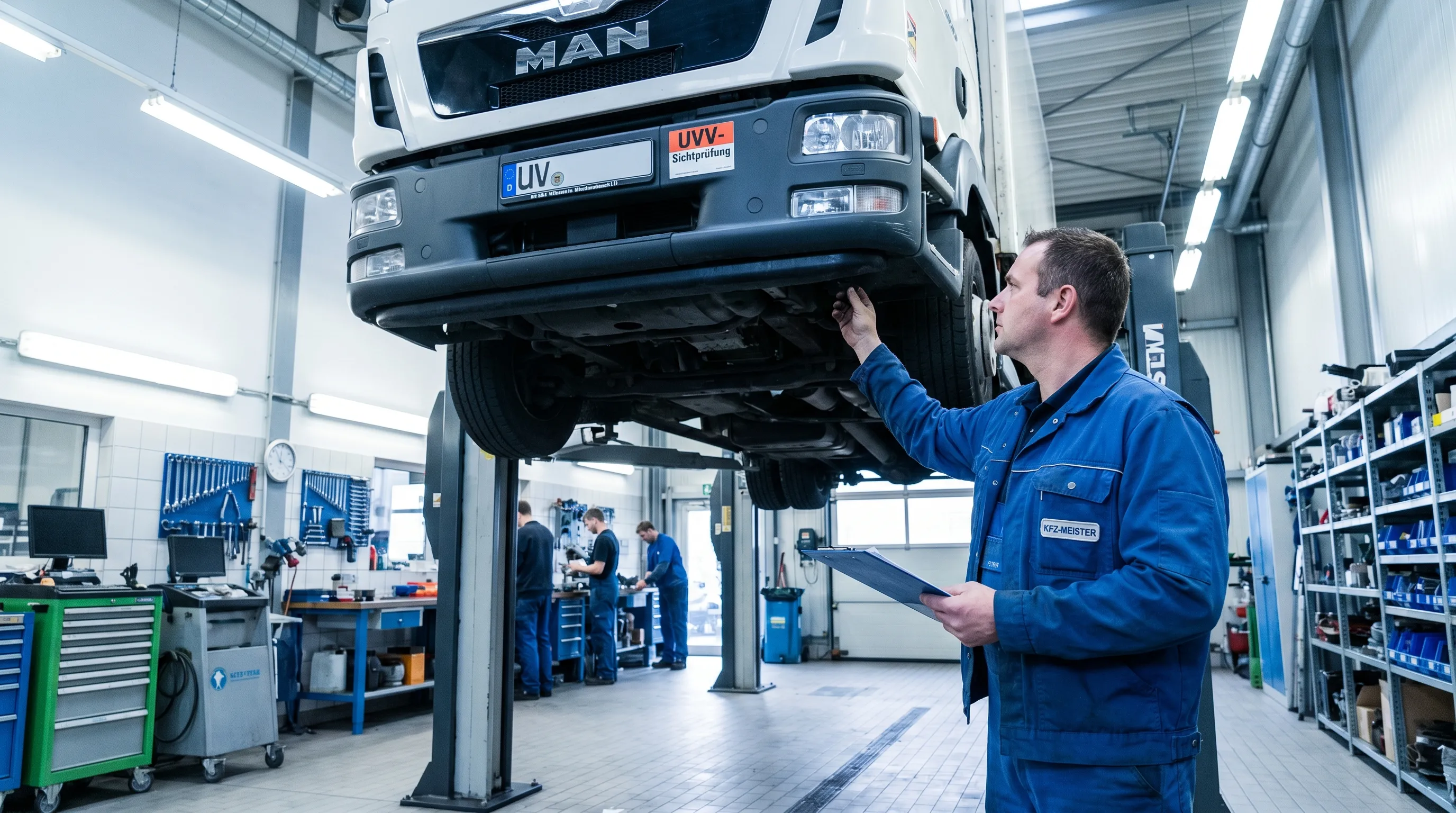 Deutsche Werkstatt mit Lkw auf der Hebebühne