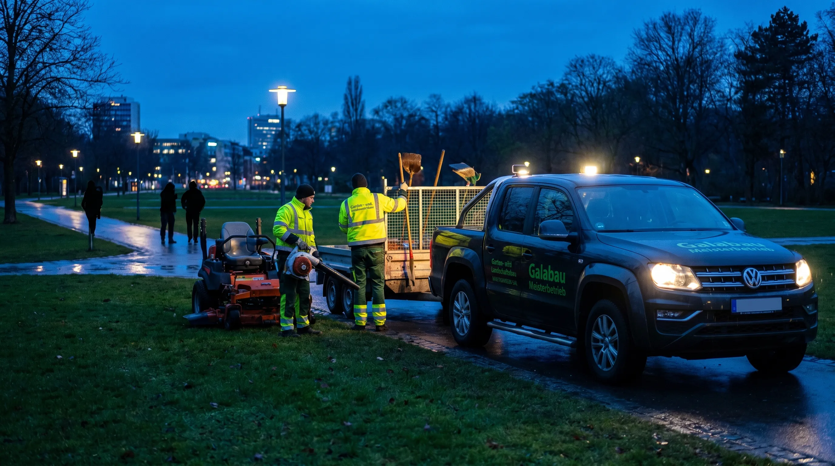 GaLaBau-Kolonne mit Transporter, Anhänger und Pflanzentransport am frühen Morgen auf einem deutschen Bauhof