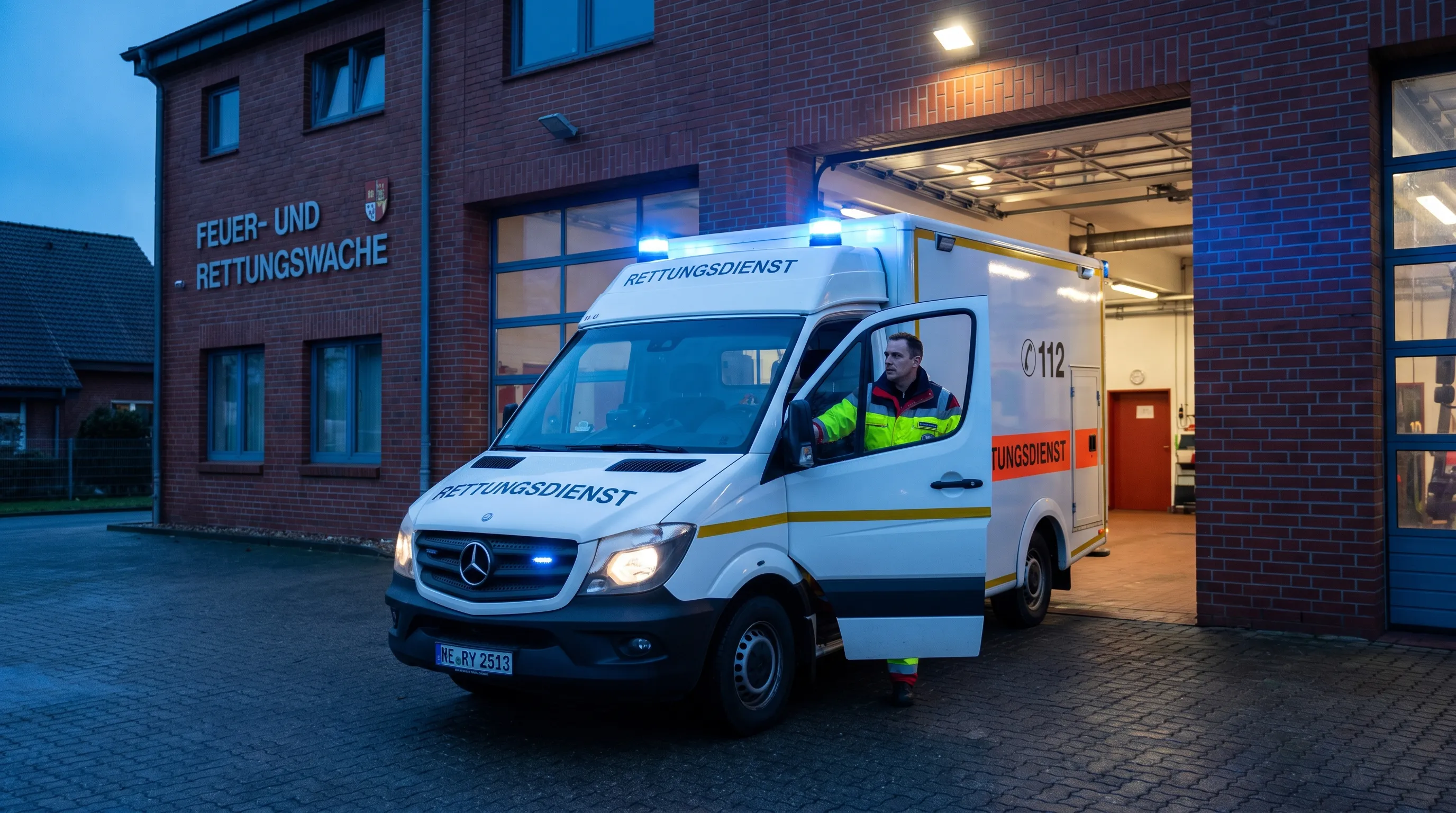 Cinematische Aufnahme in der blauen Stunde: Übergabe auf einer deutschen Rettungswache, RTW und KTW im Hintergrund, Sanitäter mit Tablet rechts im Bild, ruhiger linker Bildbereich