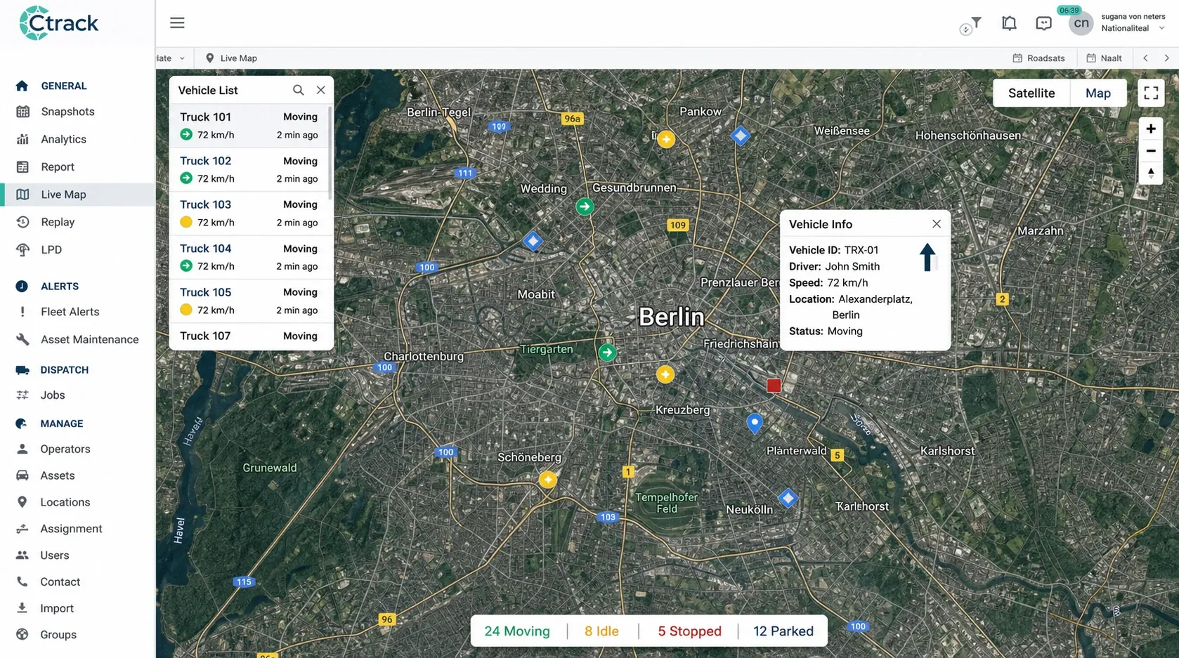 Ctrack Live-Map Dashboard mit Berliner Kartenausschnitt und Fahrzeugstatus