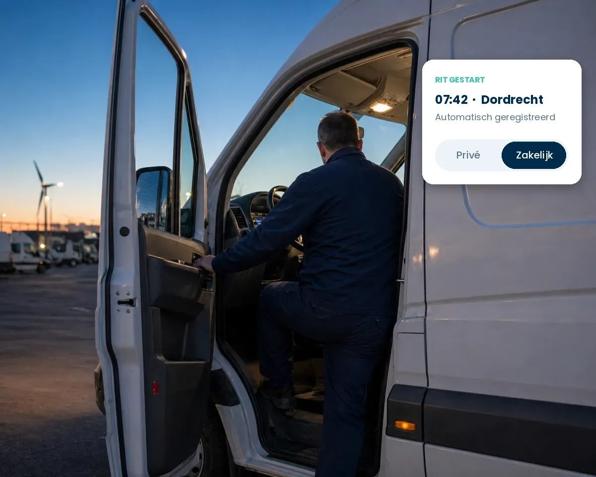 Chauffeur stapt in een bestelbus terwijl de rit automatisch als zakelijk wordt geregistreerd