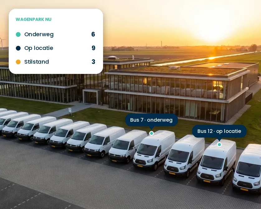 Bestelbussen voor een bedrijfspand met de live status van het wagenpark: onderweg, op locatie of stilstand