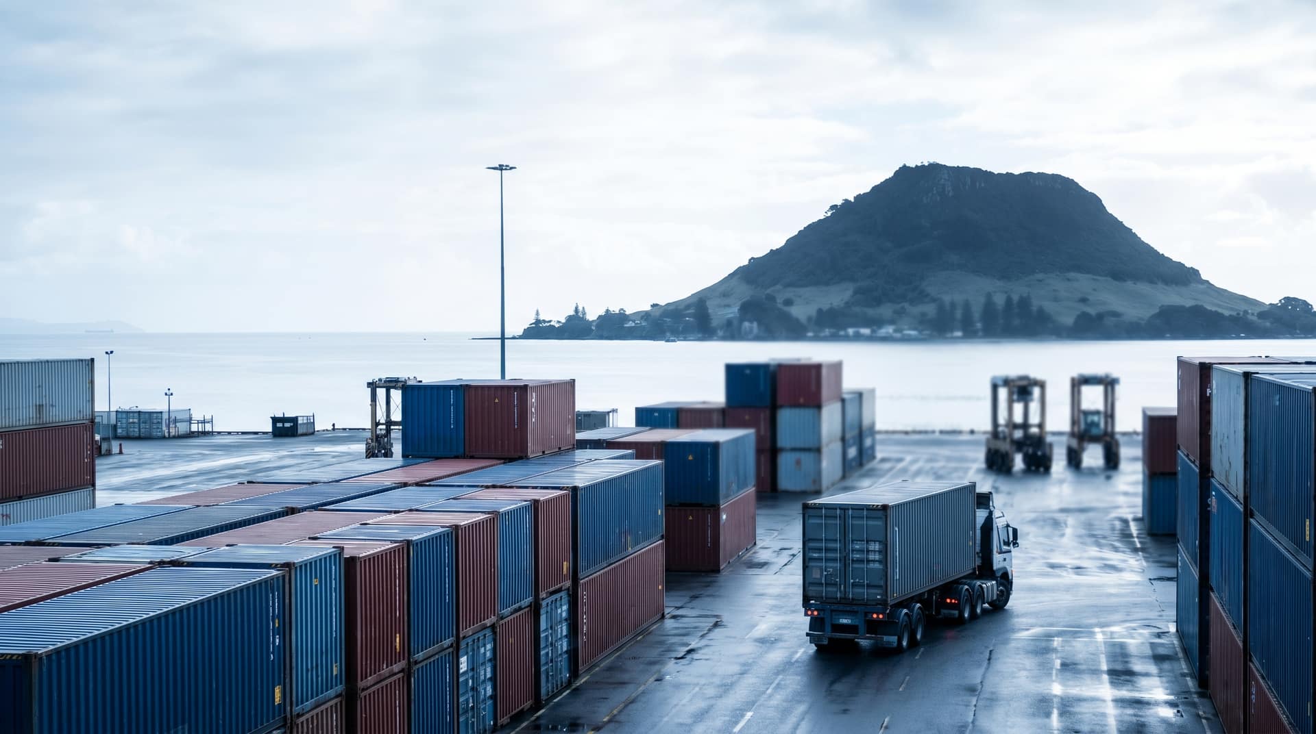 Shipping container stacks, straddle carriers and a container truck at the Port of Tauranga, New Zealand, with Mount Maunganui silhouetted on the coast