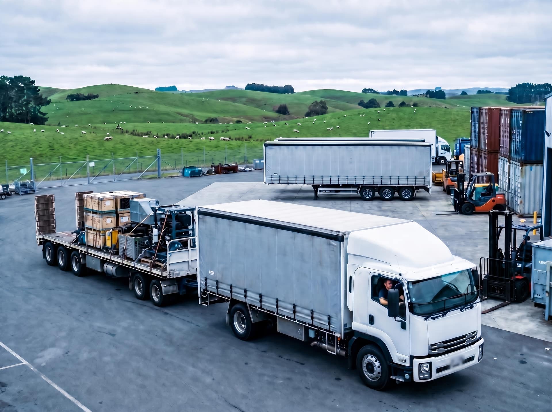 Tracked trailers and equipment in a New Zealand fleet yard