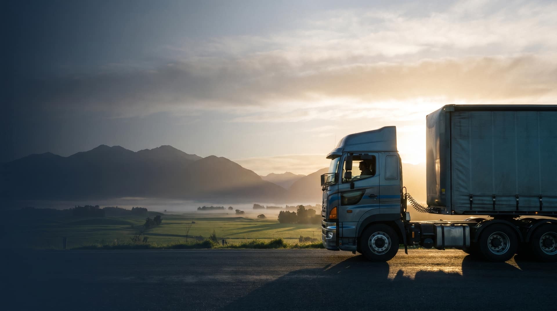 GPS fleet tracking dashboard overlaid on NZ trucks driving along a state highway through green hills