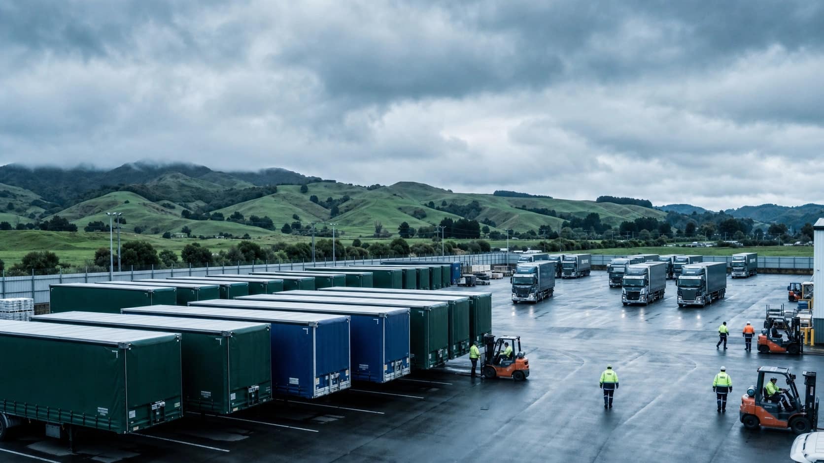 Hino curtainsider truck with GPS-tracked trailer on a New Zealand state highway through green rolling hills