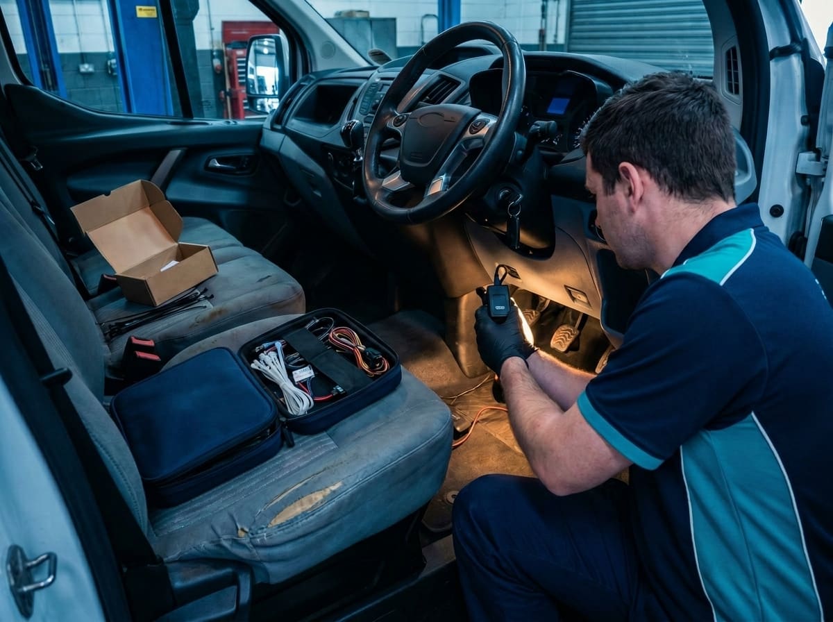 Uniformed Ctrack technician installing a GPS tracker under a vehicle dashboard with installation parts on the passenger seat