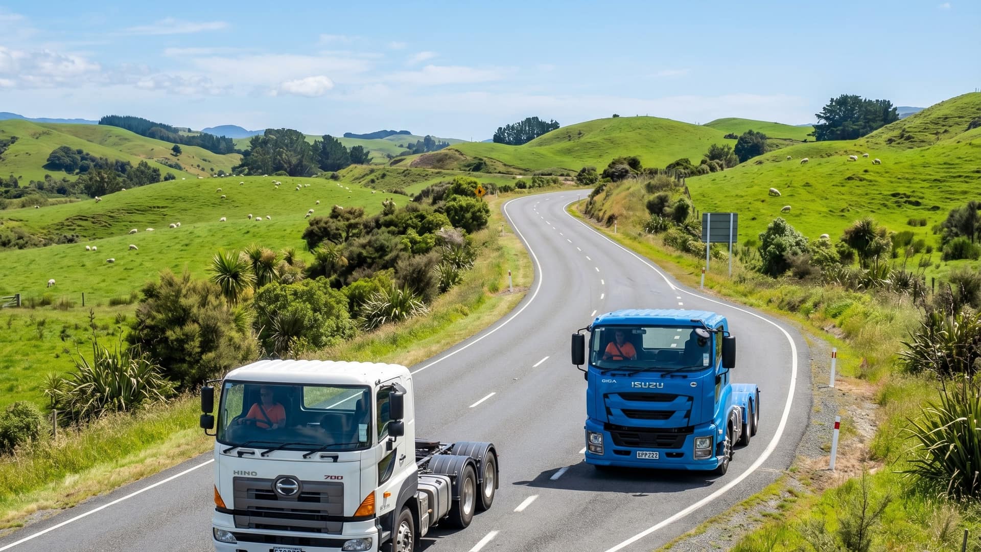 Commercial trucks travelling across New Zealand countryside, representing nationwide Ctrack support coverage