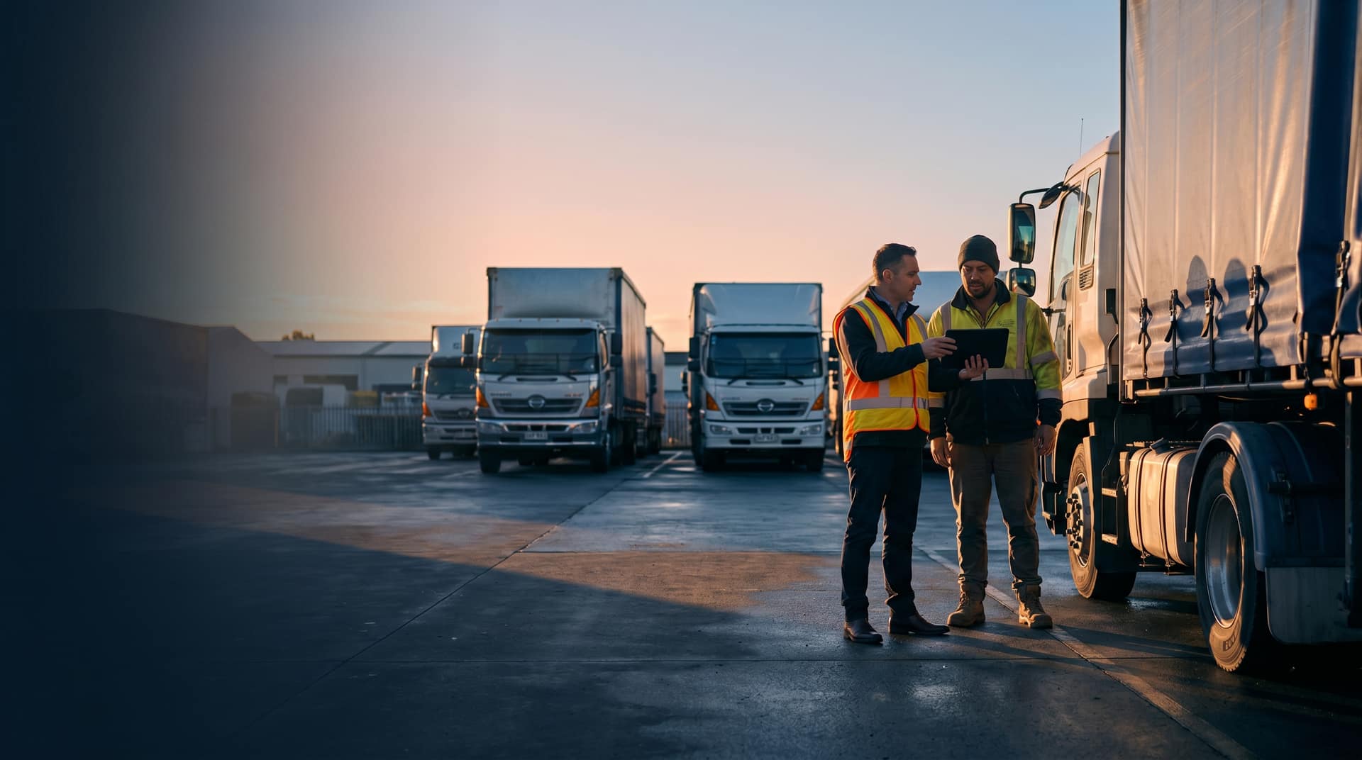 Commercial trucks travelling across New Zealand countryside, representing a live fleet management demo grounded in real operations