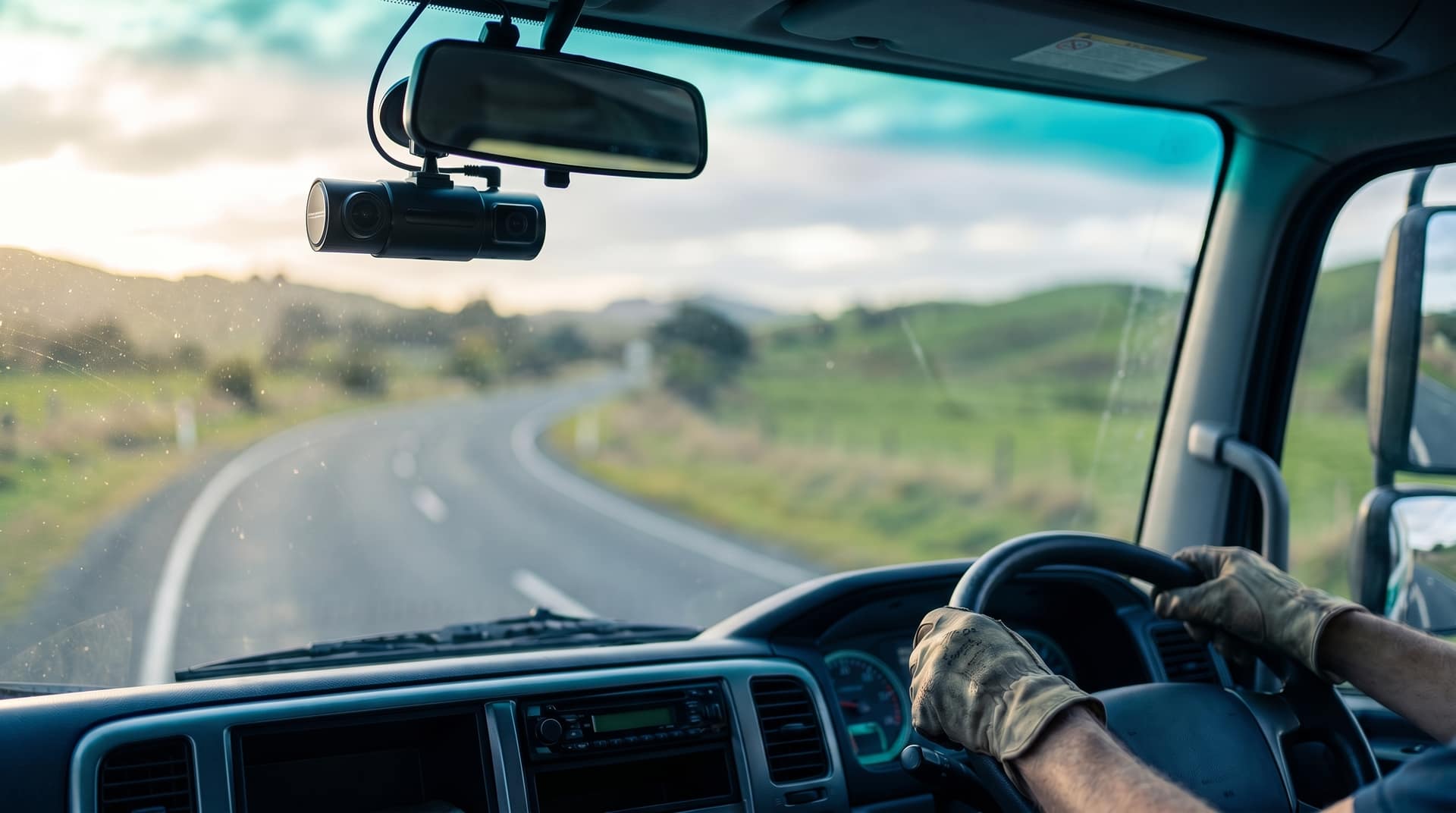 Dual-facing AI dashcam mounted near the rear-view mirror of a right-hand-drive New Zealand truck on a rural state highway at golden hour