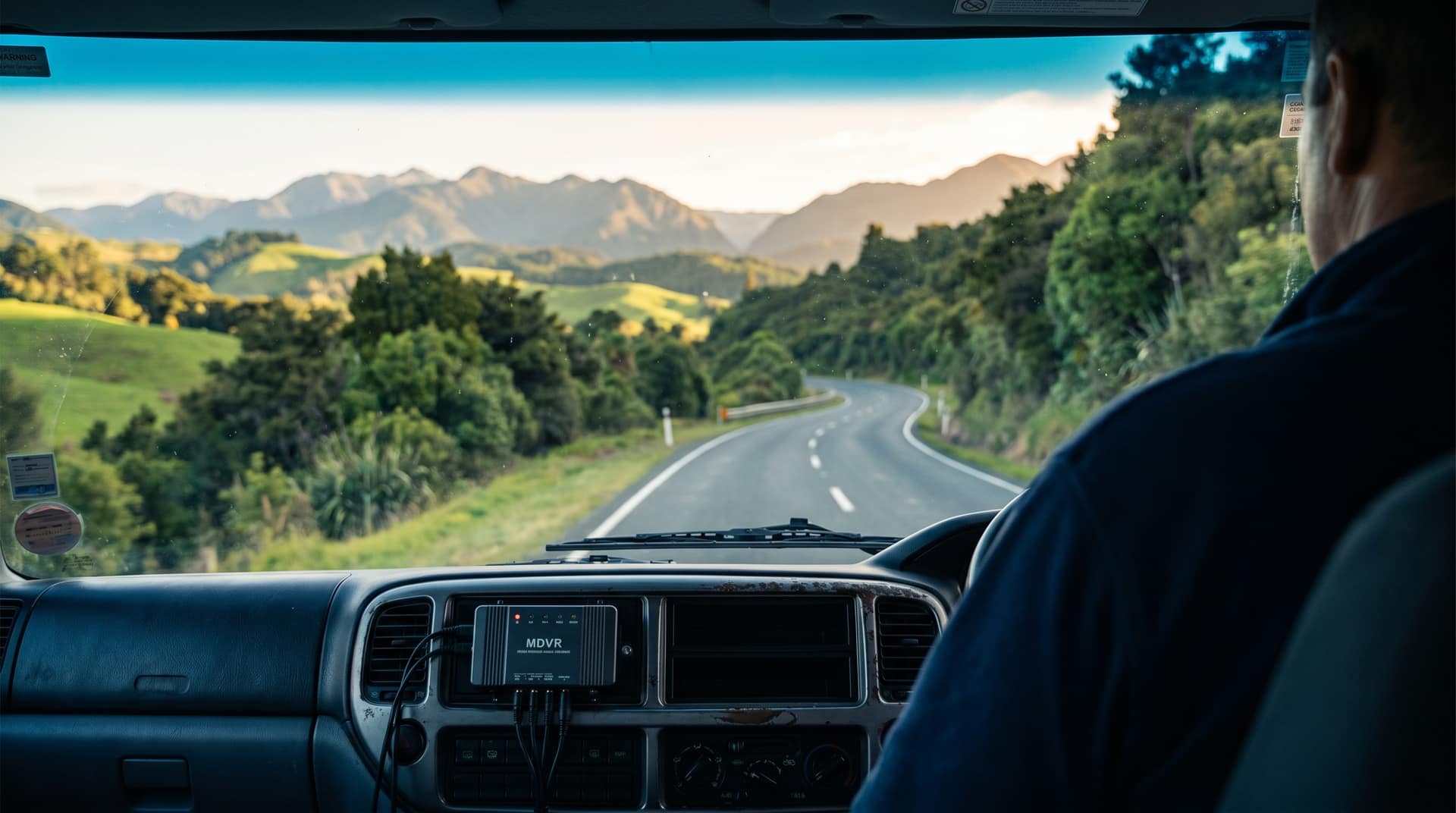 In-cab view from a right-hand-drive Hino truck on a New Zealand state highway through green rolling hills, with a Ctrack multi-channel MDVR unit mounted below the dashboard