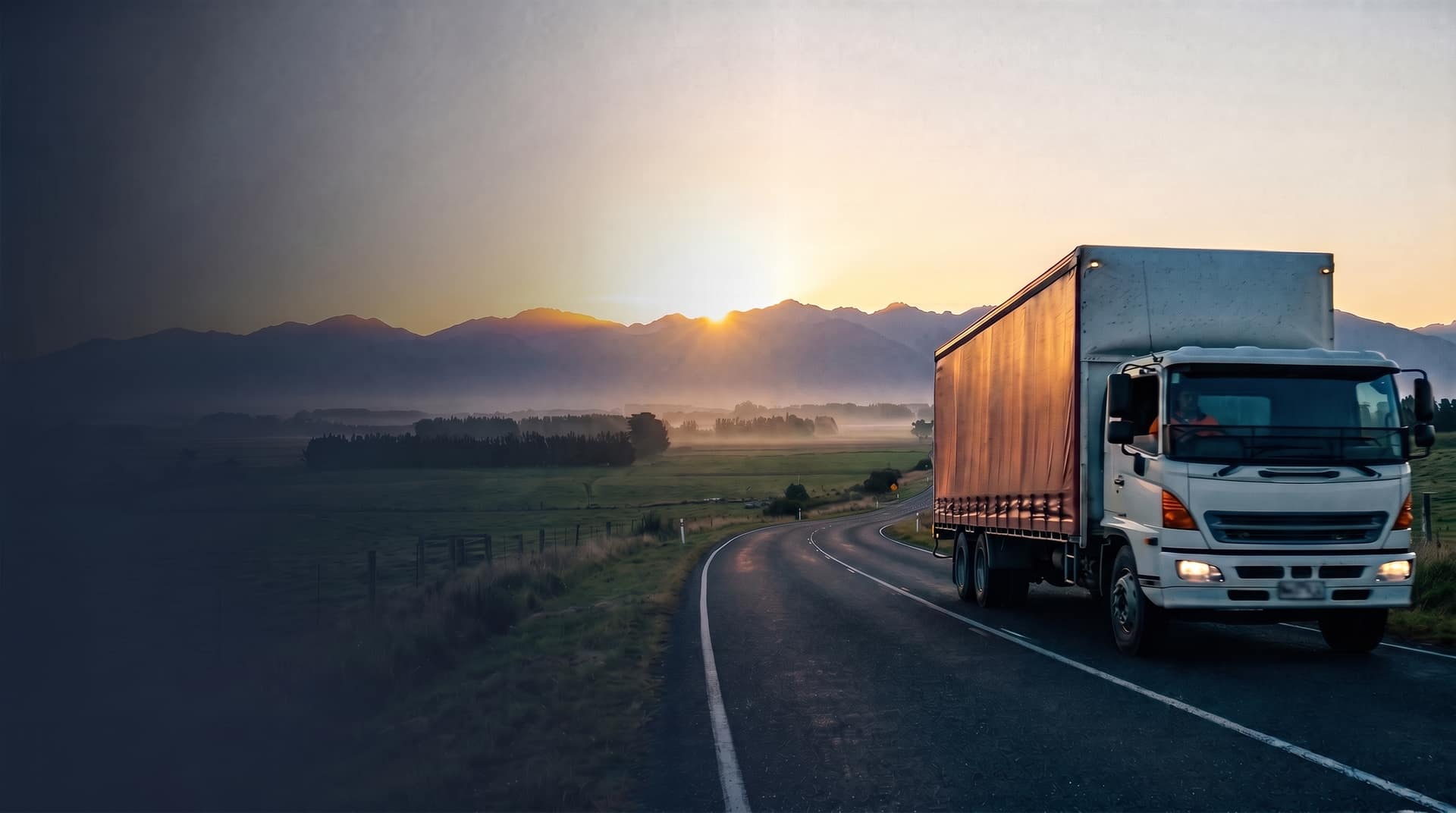 NZ trucks on state highway through green New Zealand hills, crystal GPS fleet management platform visible in overlay