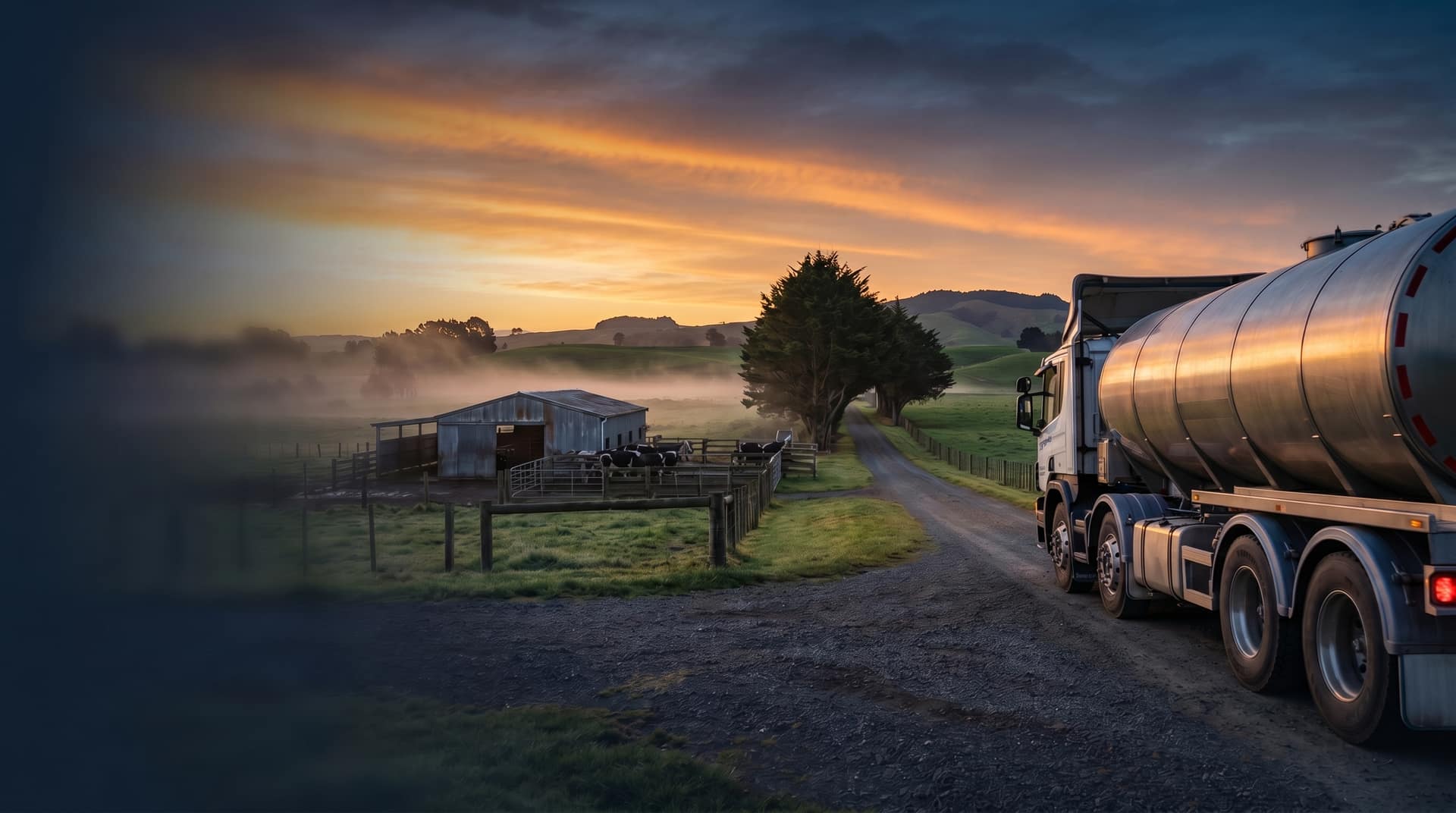 Cinematic sunrise over New Zealand dairy farm with milk tanker on rural road through green pastoral hills