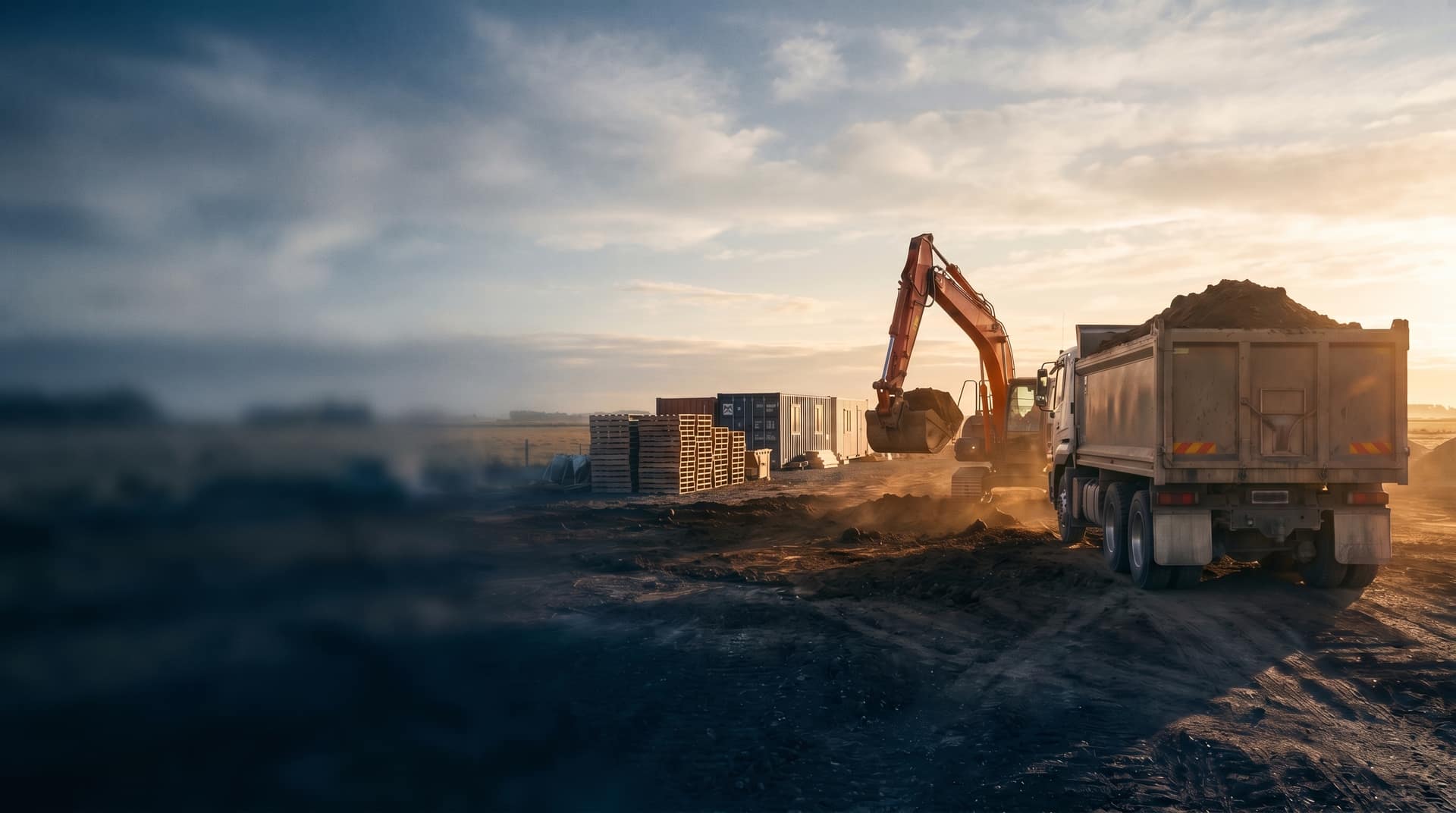 NZ construction site at golden hour with Hino trucks, excavator, and site supervisor in hi-vis reviewing a tablet, green hills in background