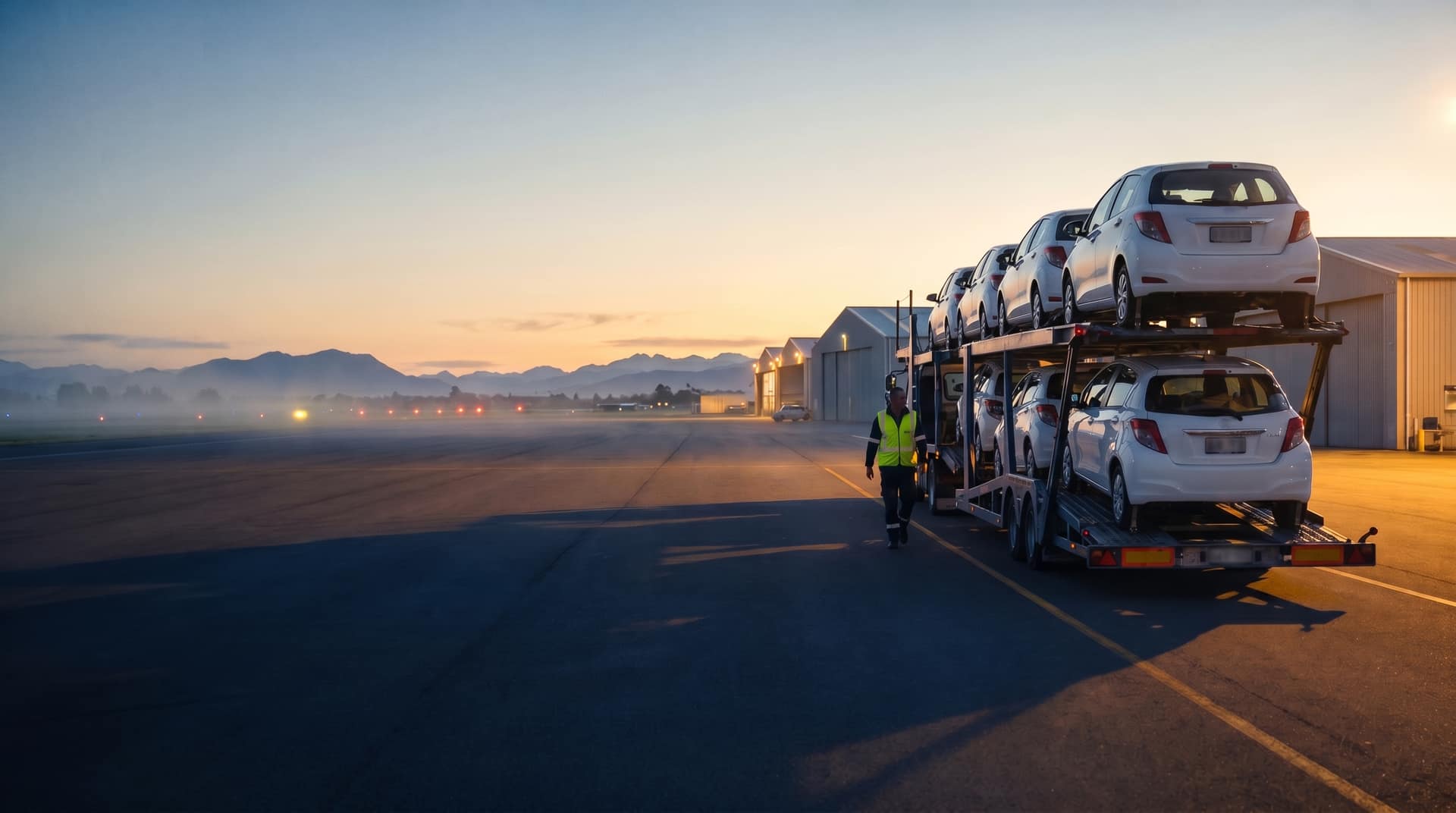 NZ rental fleet vehicles parked at depot at golden hour, diverse vehicle types including cars and a campervan, green NZ hills in background