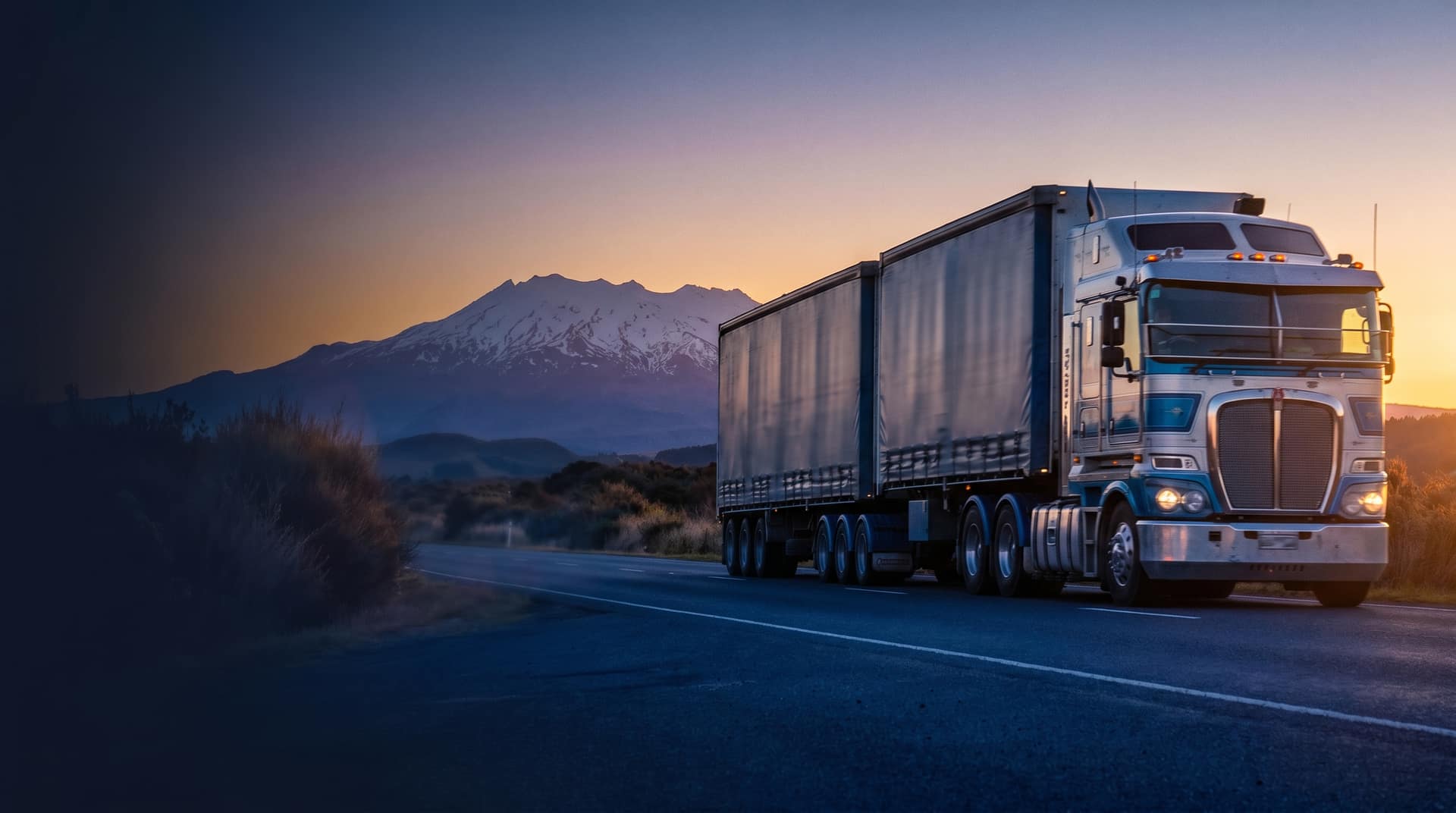 NZ freight trucks on state highway at sunset, logistics fleet in motion through green hills