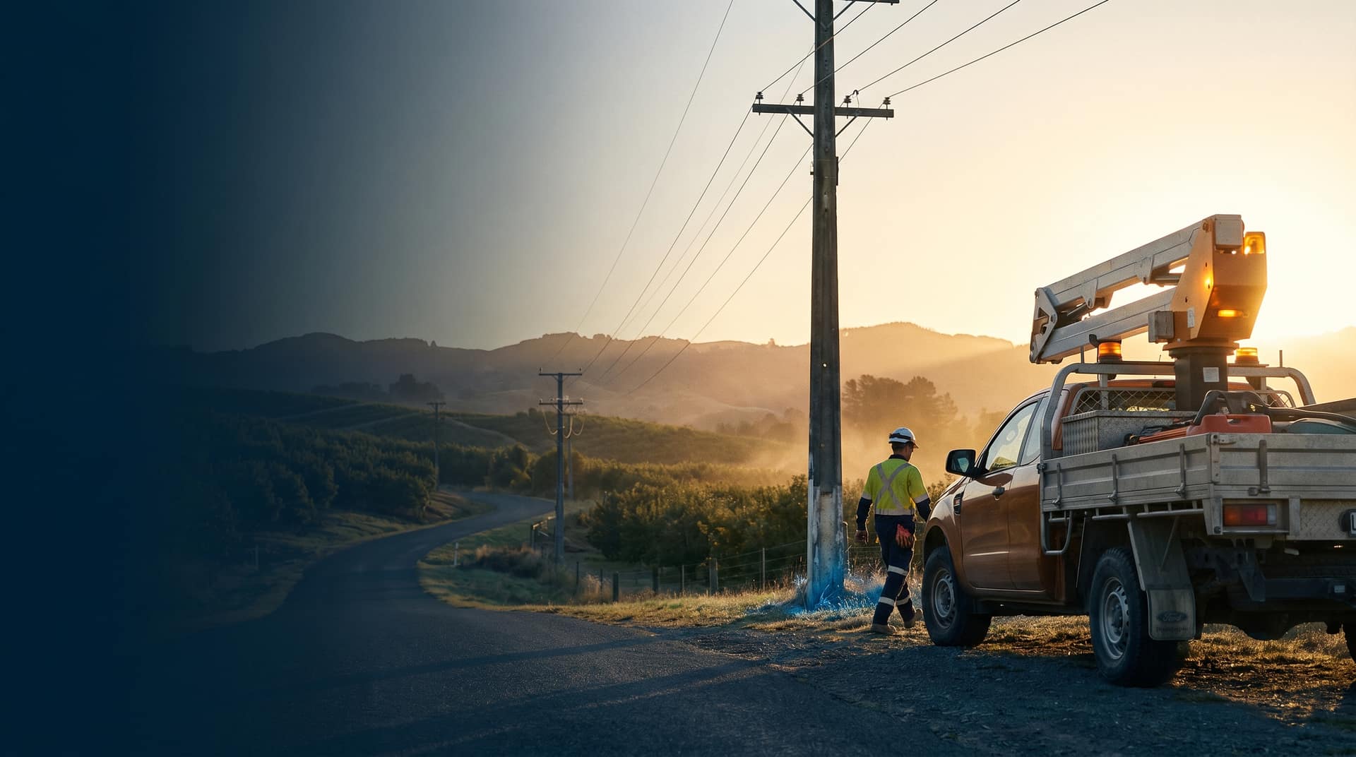 NZ utility vans and trucks at a power infrastructure site with pylons and green hills at golden hour