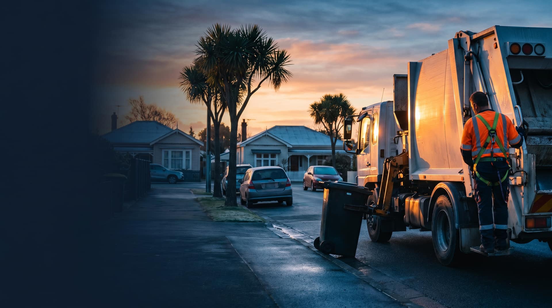 Two heavy diesel waste collection trucks on a NZ suburban residential street at sunrise with warm golden morning light
