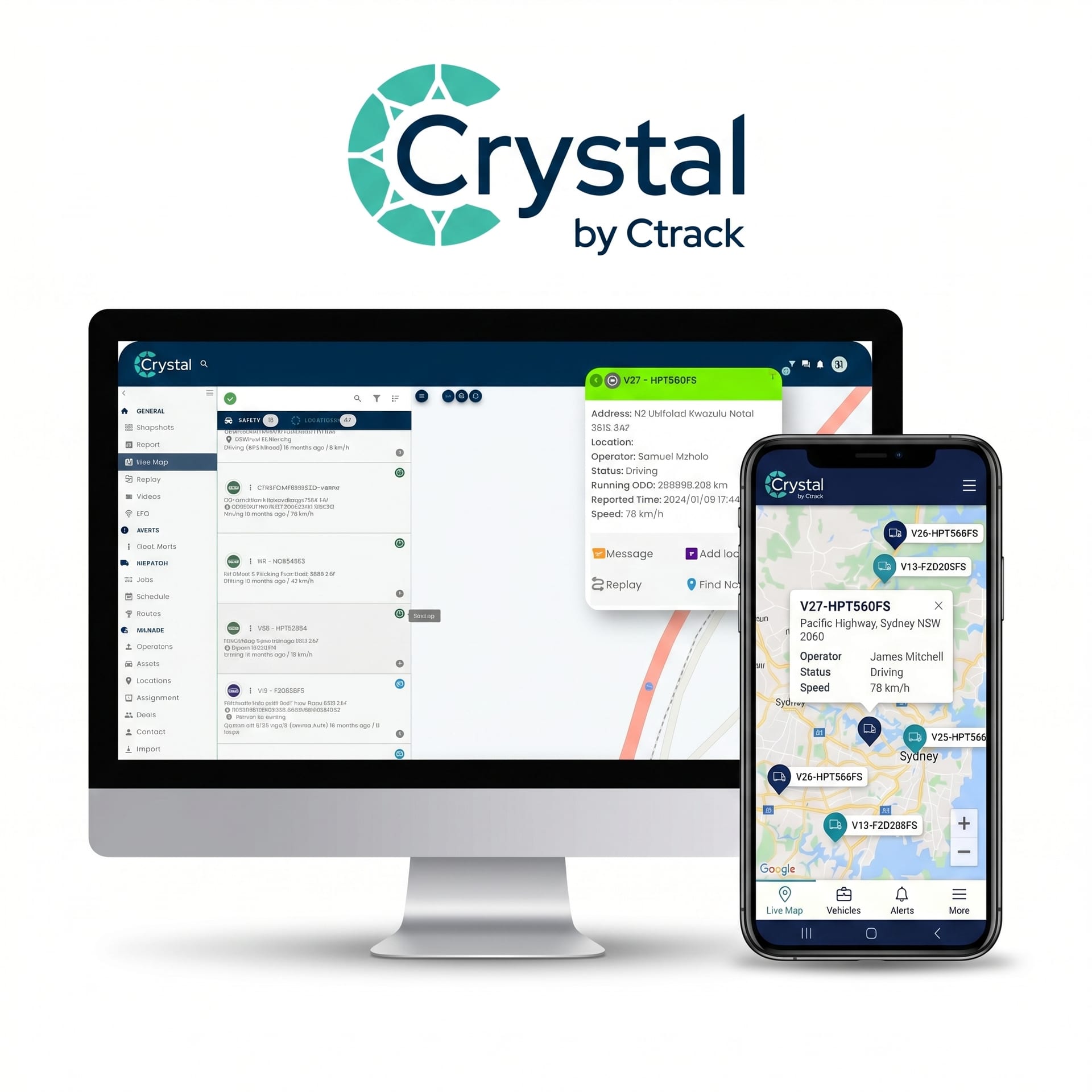 Crystal by Ctrack desktop dashboard and mobile app showing a live New Zealand fleet map