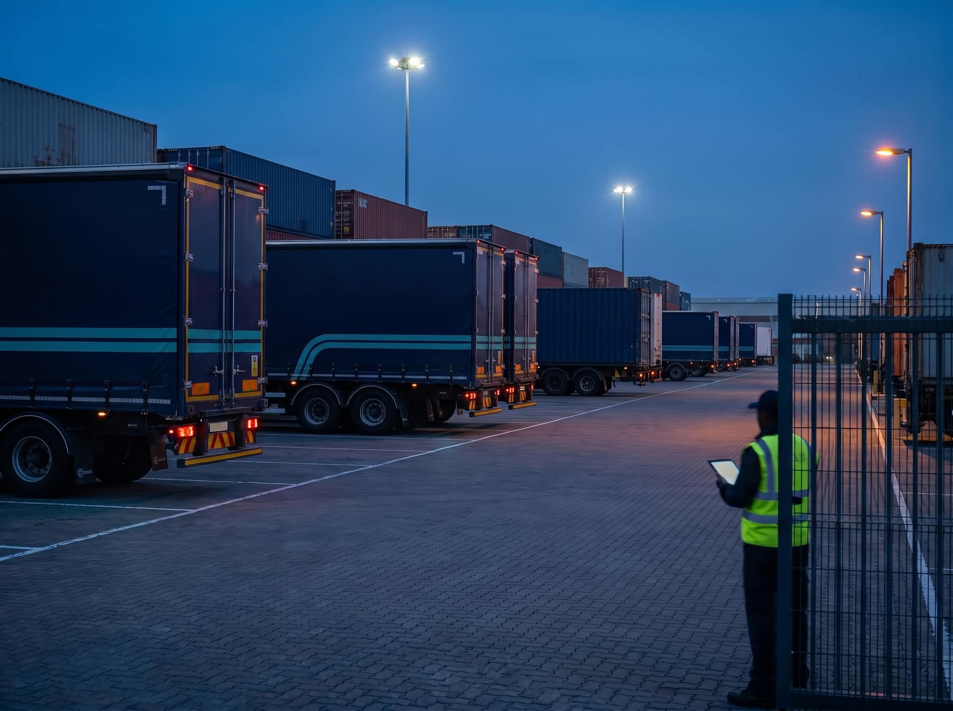 Powered and non-powered trailers in an overnight yard with Ctrack asset beacons visible