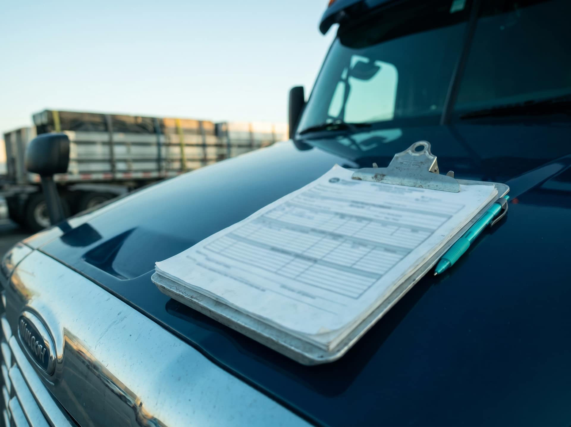 Close crop of a clipboard with compliance paperwork on a truck bonnet in morning light