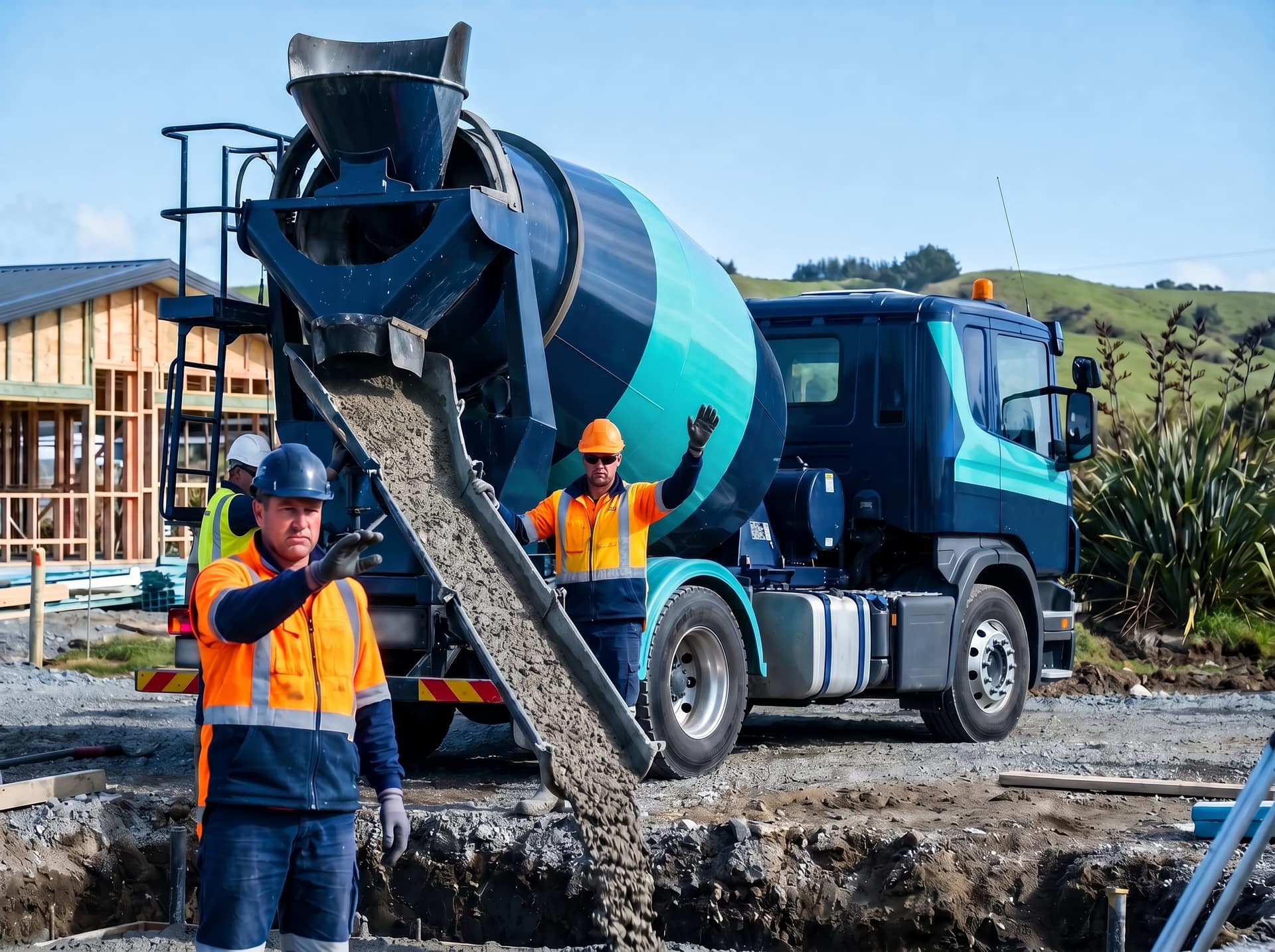 Concrete mixer truck pouring into a foundation with crew in hi-vis directing on a New Zealand build site