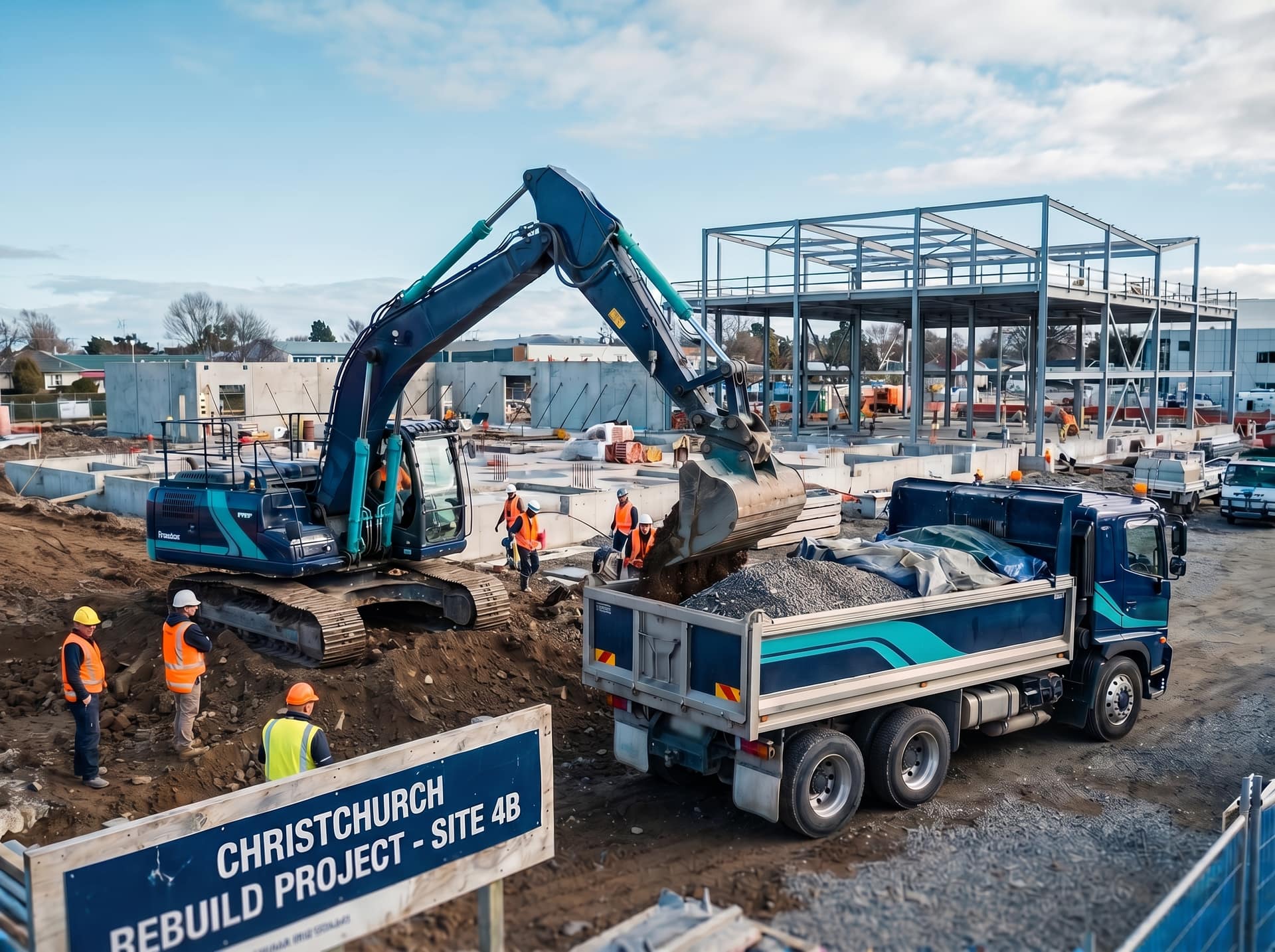 Excavator and tip truck actively working on a Christchurch-style construction site