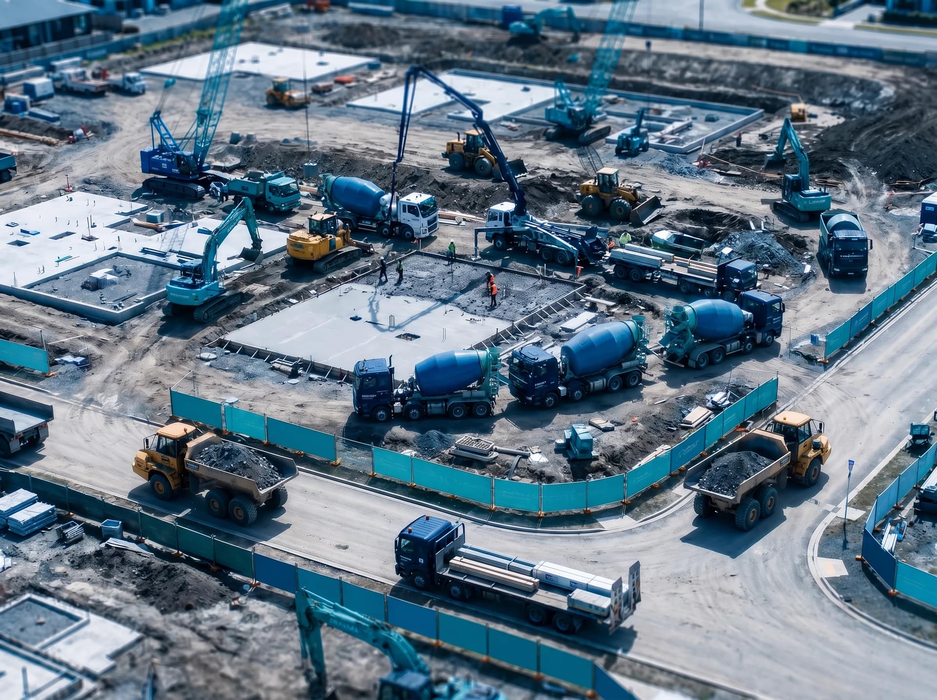 Aerial-style view of a New Zealand construction site with plant equipment, concrete pour area and delivery trucks