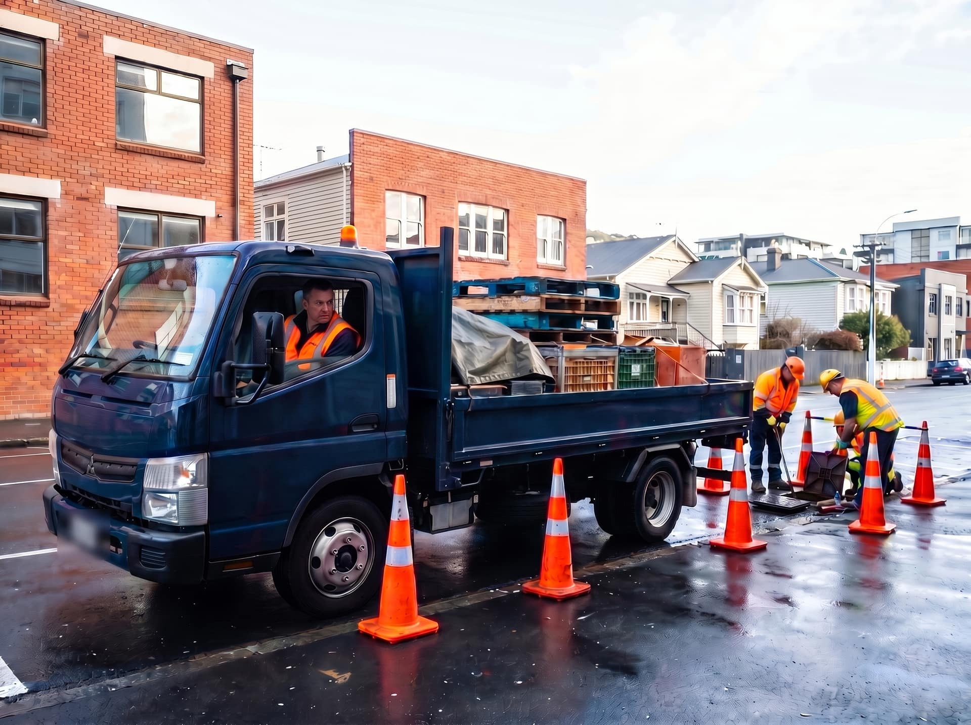 Council maintenance truck mid-job on an urban New Zealand street with safety cones around the work area
