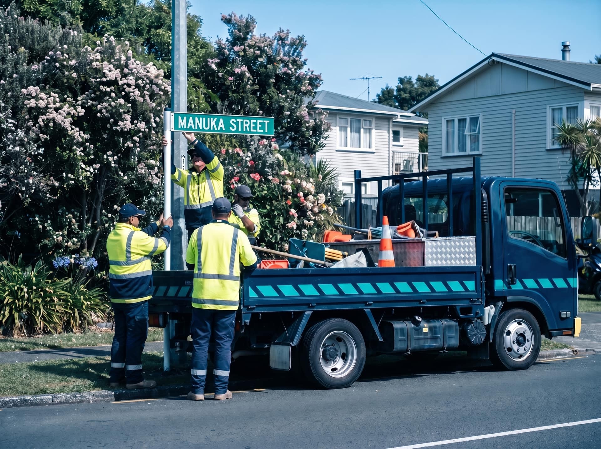 Council maintenance crew installing street signage in a New Zealand suburb with a council truck parked nearby