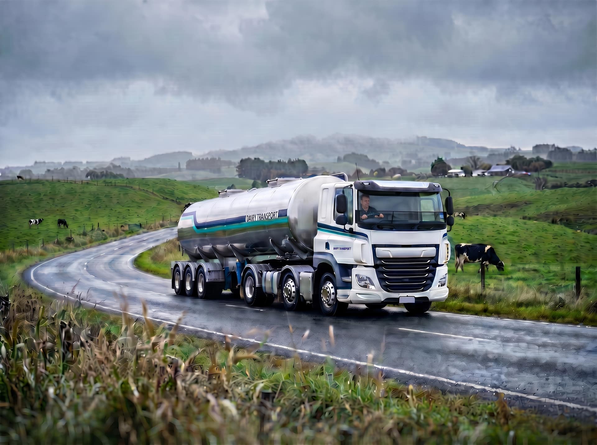 Chrome dairy tanker on a rural Waikato road between green dairy paddocks on an overcast morning