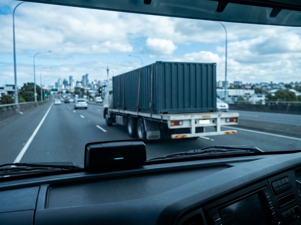 AI dashcam mounted behind a truck windscreen showing a New Zealand urban arterial view through the glass